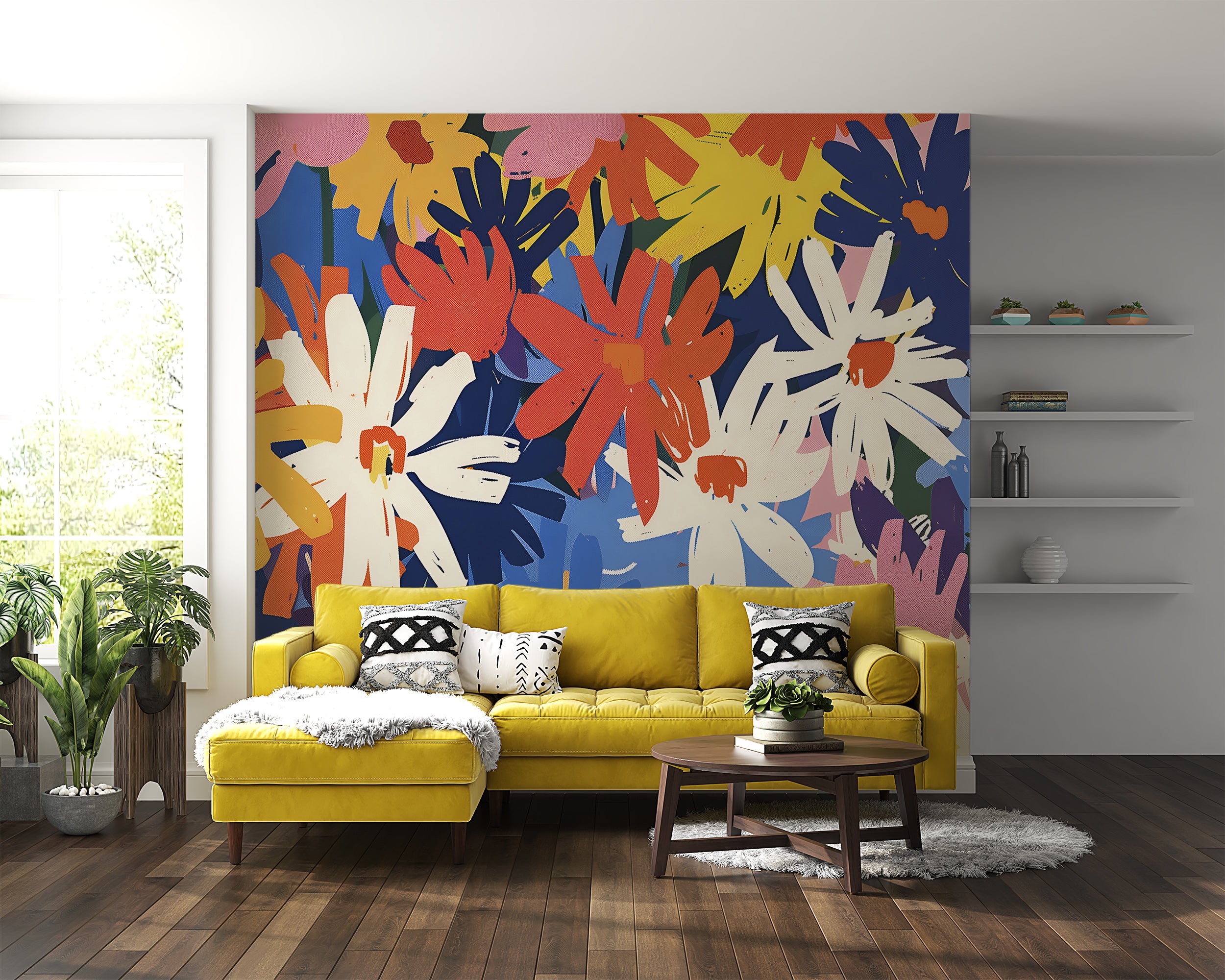 Colorful Daisies Wallpaper, Peel and Stick Abstract Floral Art, Removable Meadow Flowers Wall Mural, Nursery Colorful Botanical Wall Decor
