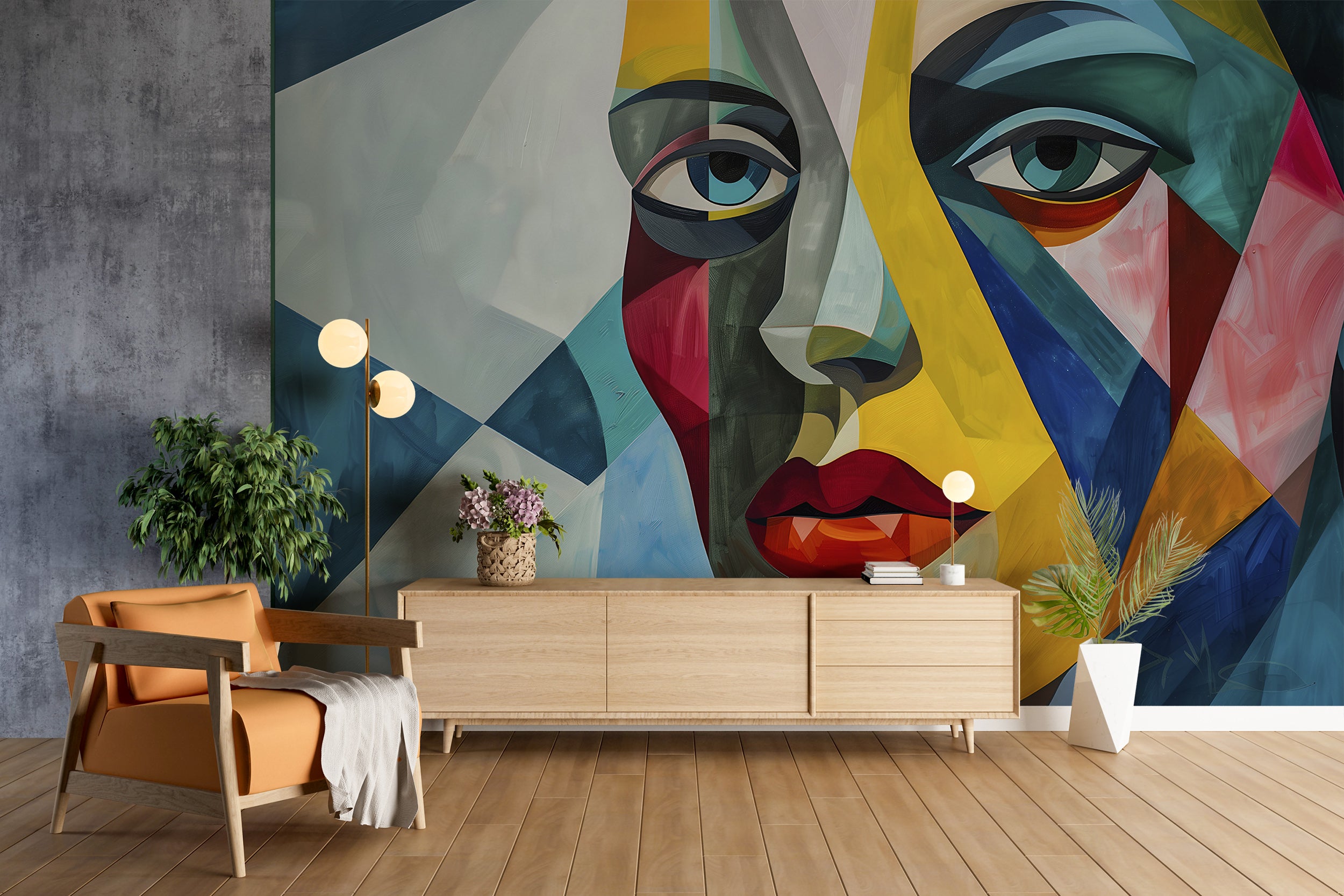 Abstract Cubism Wallpaper, Peel and Stick Abstract Face Mural, Removable Colorful Geometrical Wallpaper, Shapes Modern Art