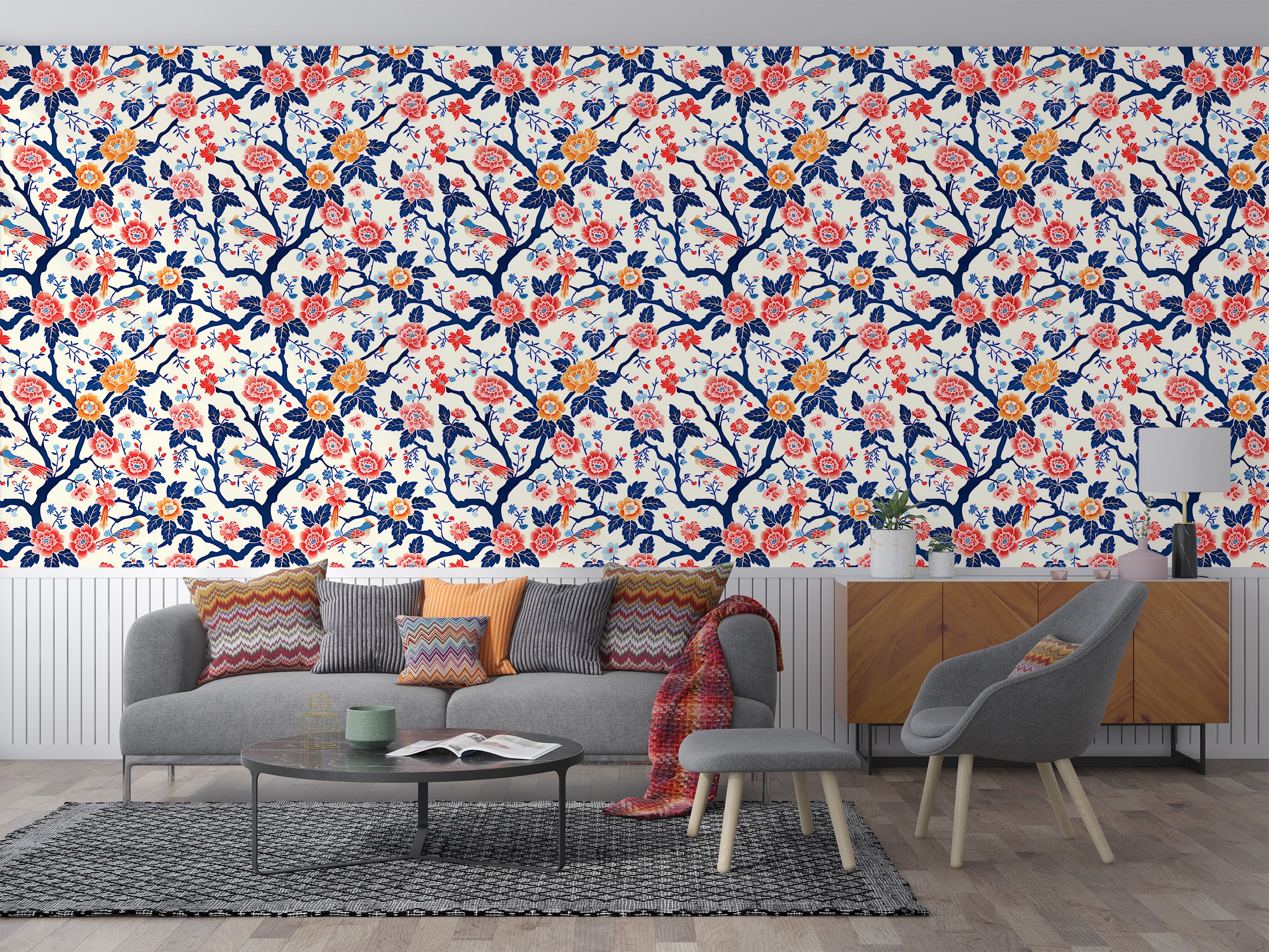 Blue White and Red Floral Wallpaper, Red and Yellow Flowers Wallpaper, Peel and Stick White Chinoiserie Wall Decor, Colorful Botanical Art