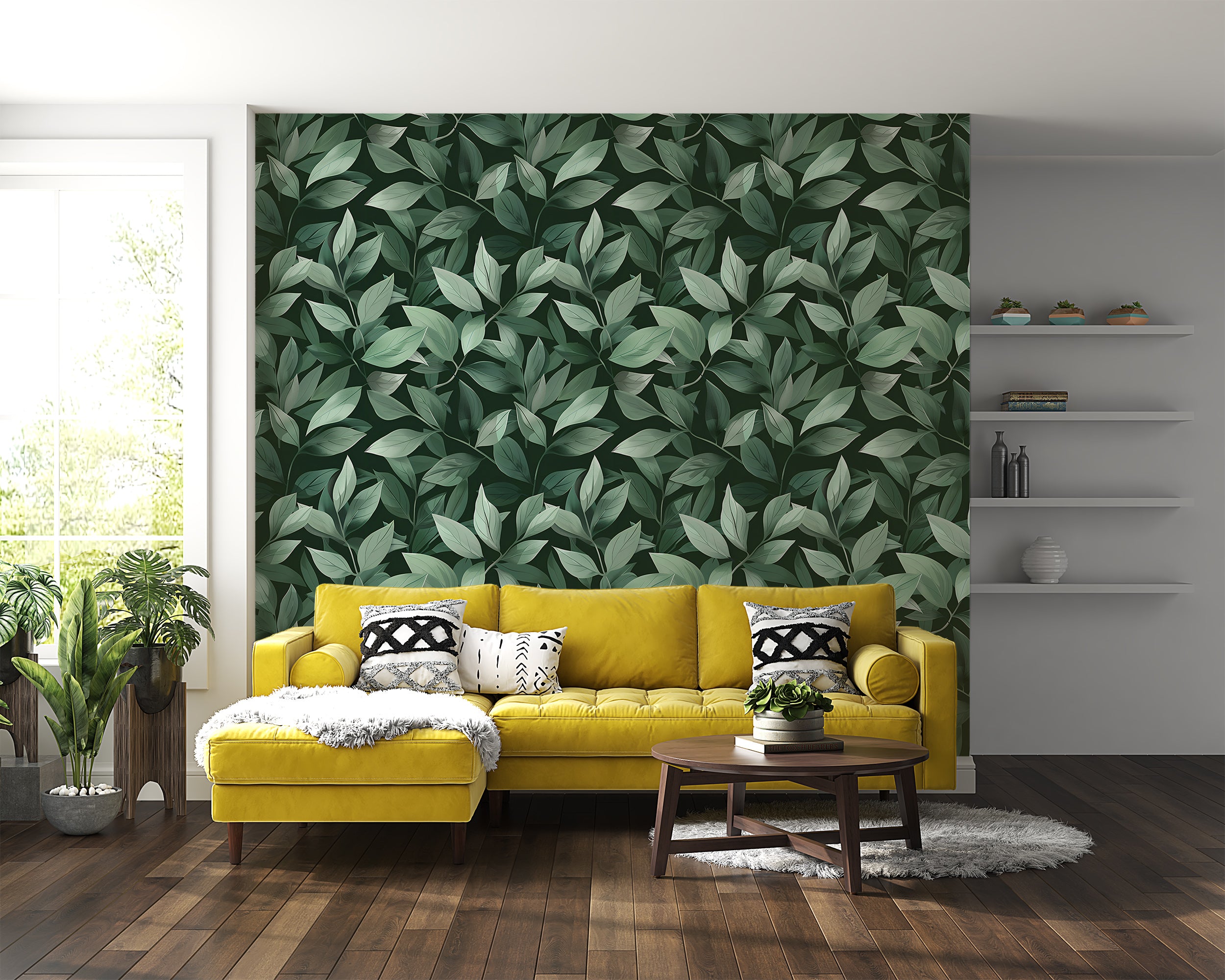 Green Leaves Wallpaper, Peel and Stick Greenery Wall Decor, Removable Dark Green Botanical Wallpaper, Tree Leaves Pattern Wallpaper