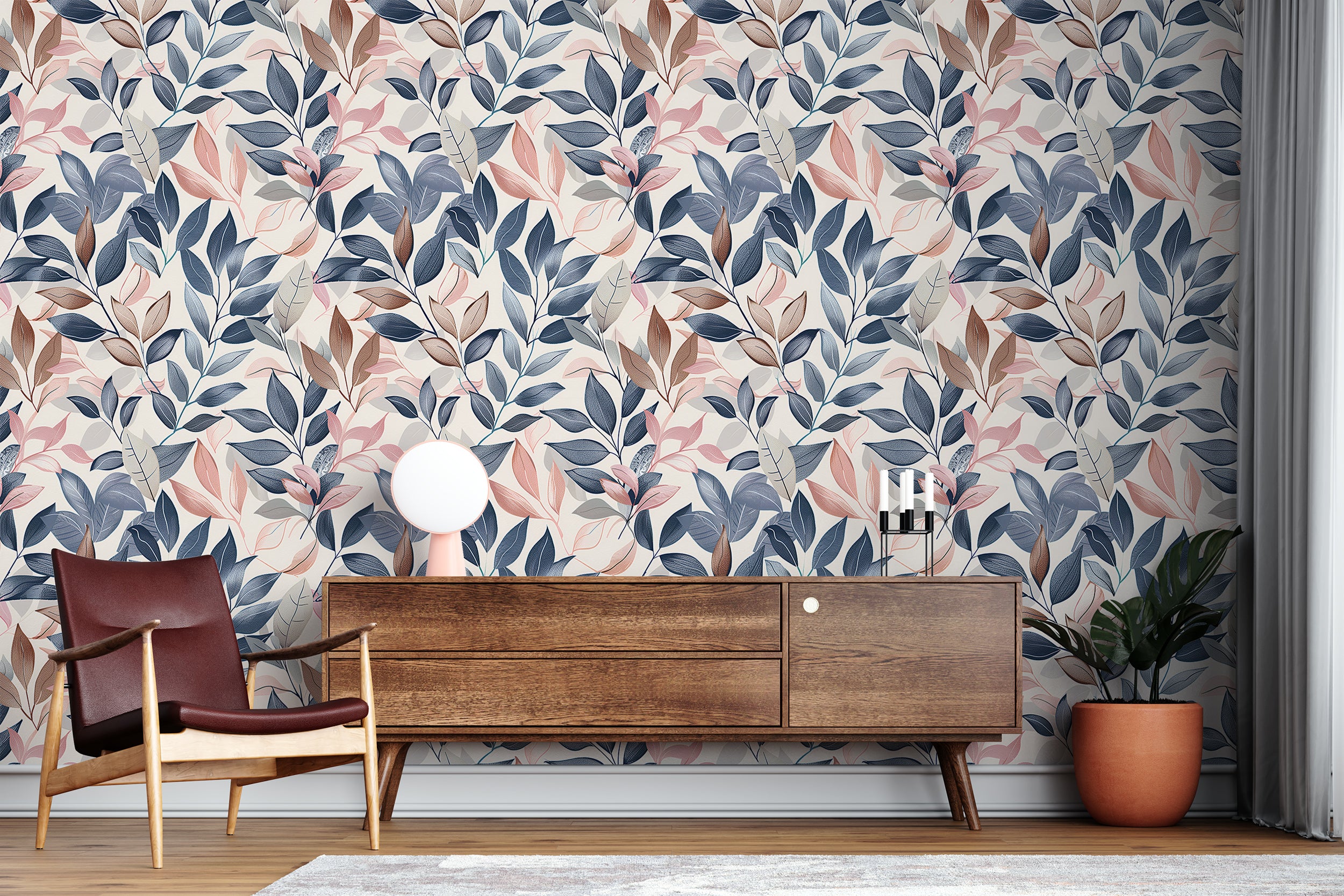 Blue and Pink Leaves Wallpaper, Peel and Stick Pastel Colors Botanical Wallpaper, Soft Leaf Wall Decorv
