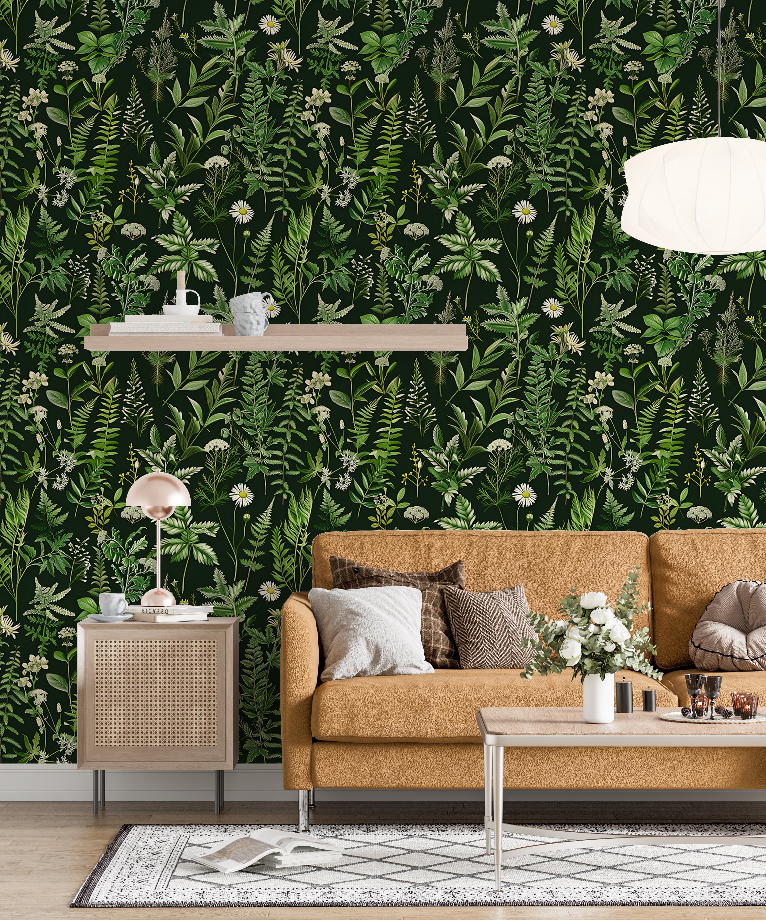 Dark Fern Wallpaper, Peel and Stick Greenery Wall Decor, Removable Black and Green Botanical Wallpaper, Green Fern Leaves Pattern