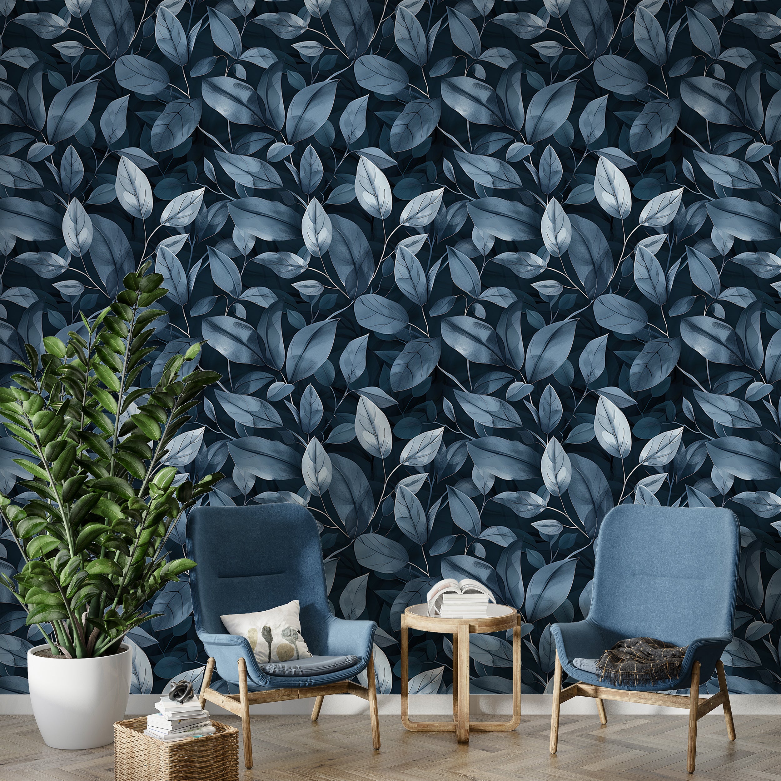 Large Scale Blue Leaf Pattern Wallpaper, Peel and Stick or Pre-pasted Dark Botanical Wallpaper, Accent Wall Vibrant Navy Blue Art
