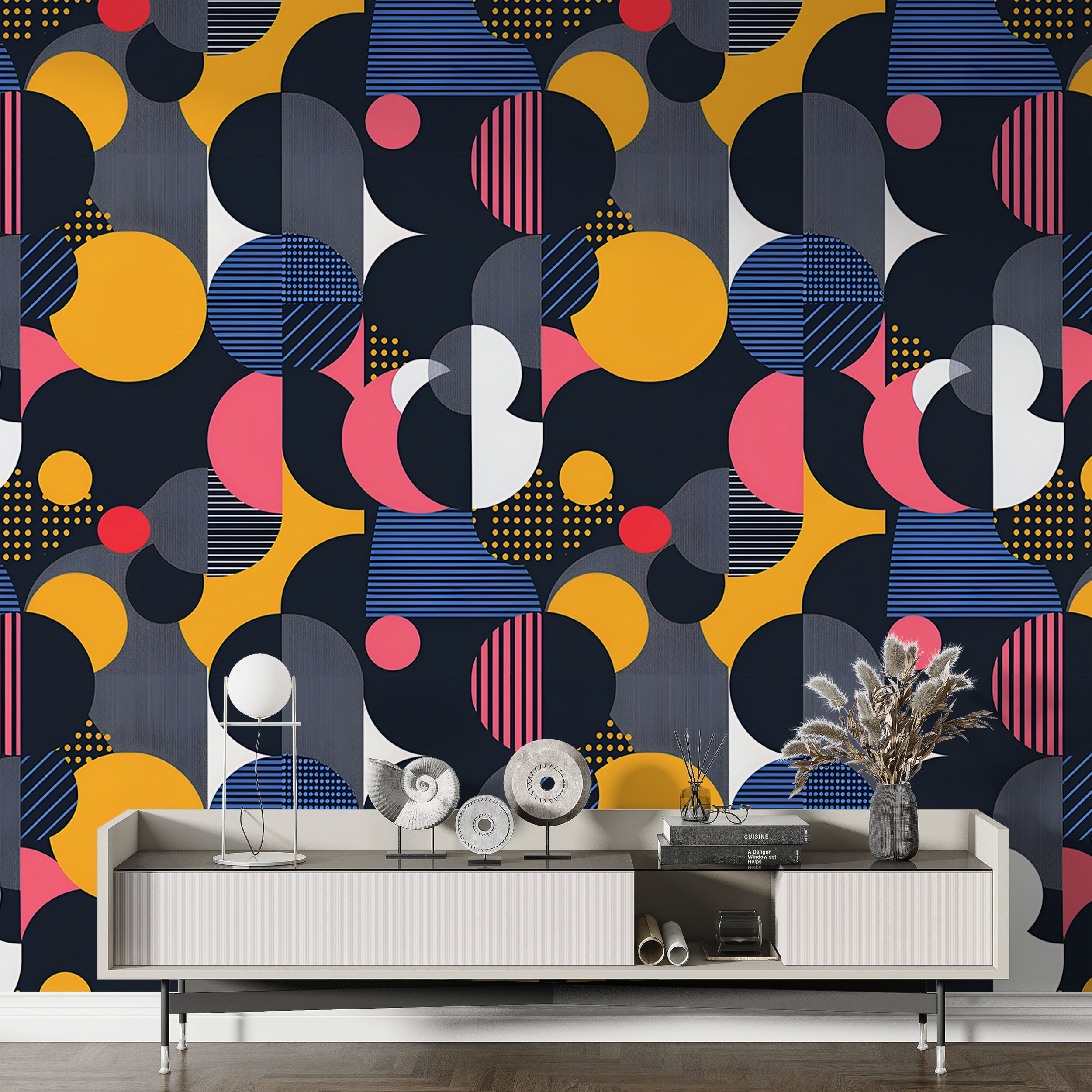 Abstract Geometric Wallpaper, Colorful Abstract Shaped Wallpaper, Peel and Stick Removable Dark Circles Wall Decor