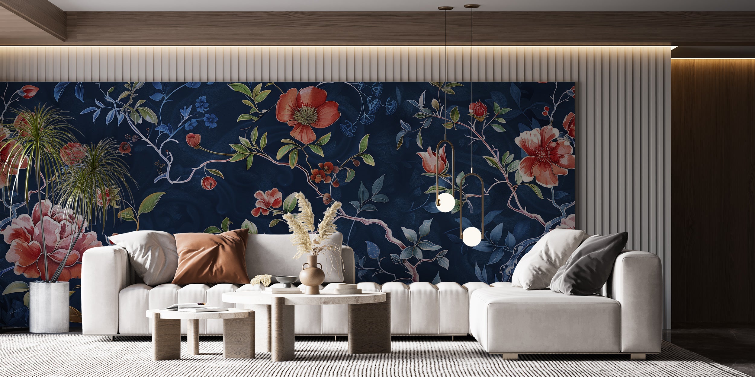 Dark Blue Floral Mural, Peel and Stick Blue Chinoiserie Wallpaper, Red Flowers on Dark Blue Background Art, Removable Flower Branch Decor
