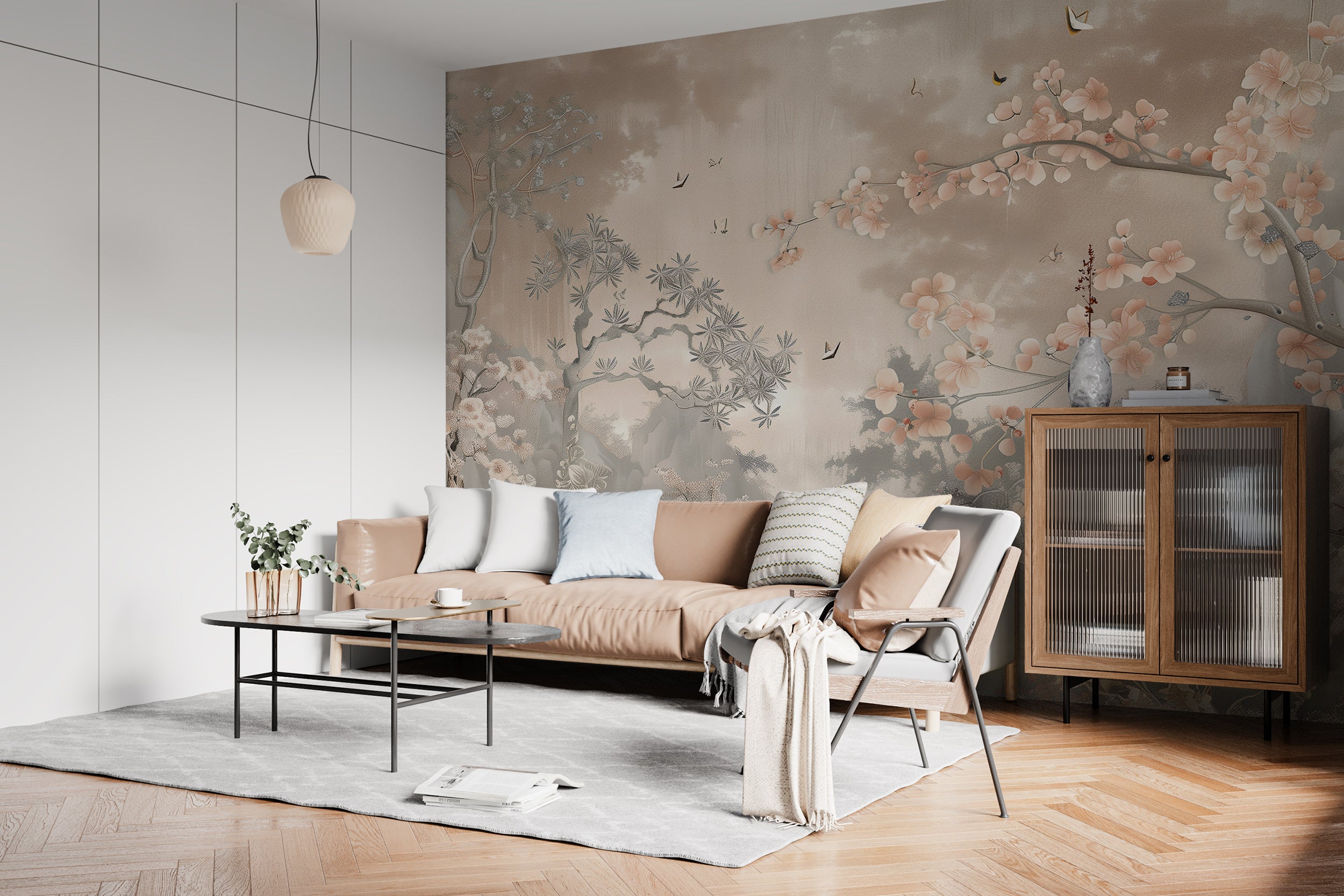 Dusty Rose Chinoiserie Wall Mural, Soft Pink Japanese Forest Mural, Peel and Stick Sakura Tree Wallpaper, Blossom Forest Wall Decor