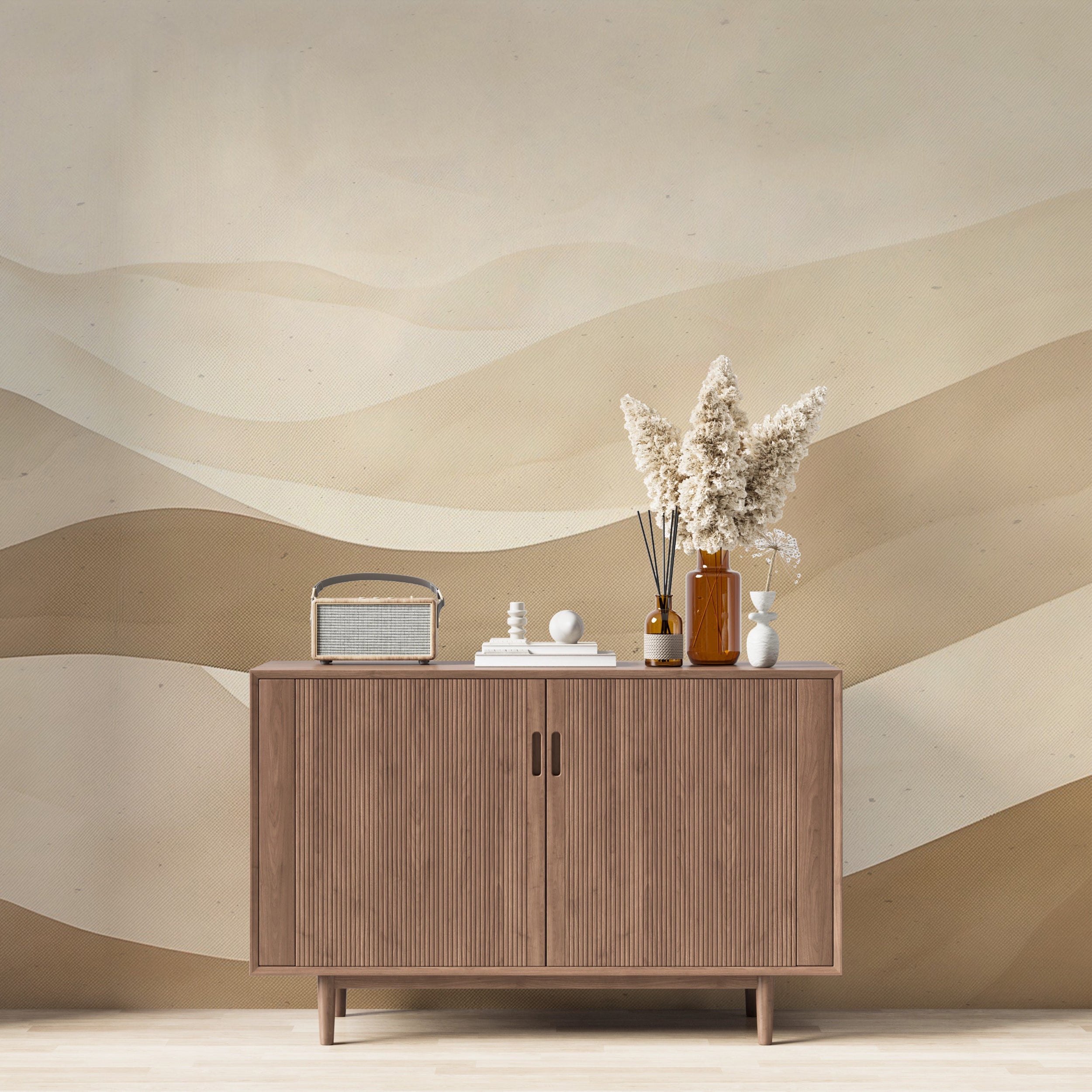 Beige Boho Wavy Wall Mural, Peel and Stick Minimalist Geometric Wallpaper, Line Wall Mural, Beige Abstract Sand Dunes Mural