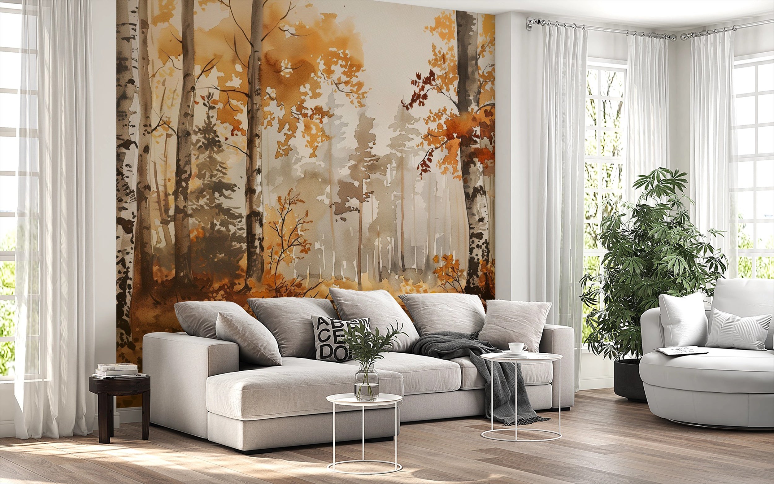 Birch Grove Wall Mural, Autumn Forest Wallpaper, Peel and Stick Orange Forest Art, Removable Colorful Nature Wall Decor