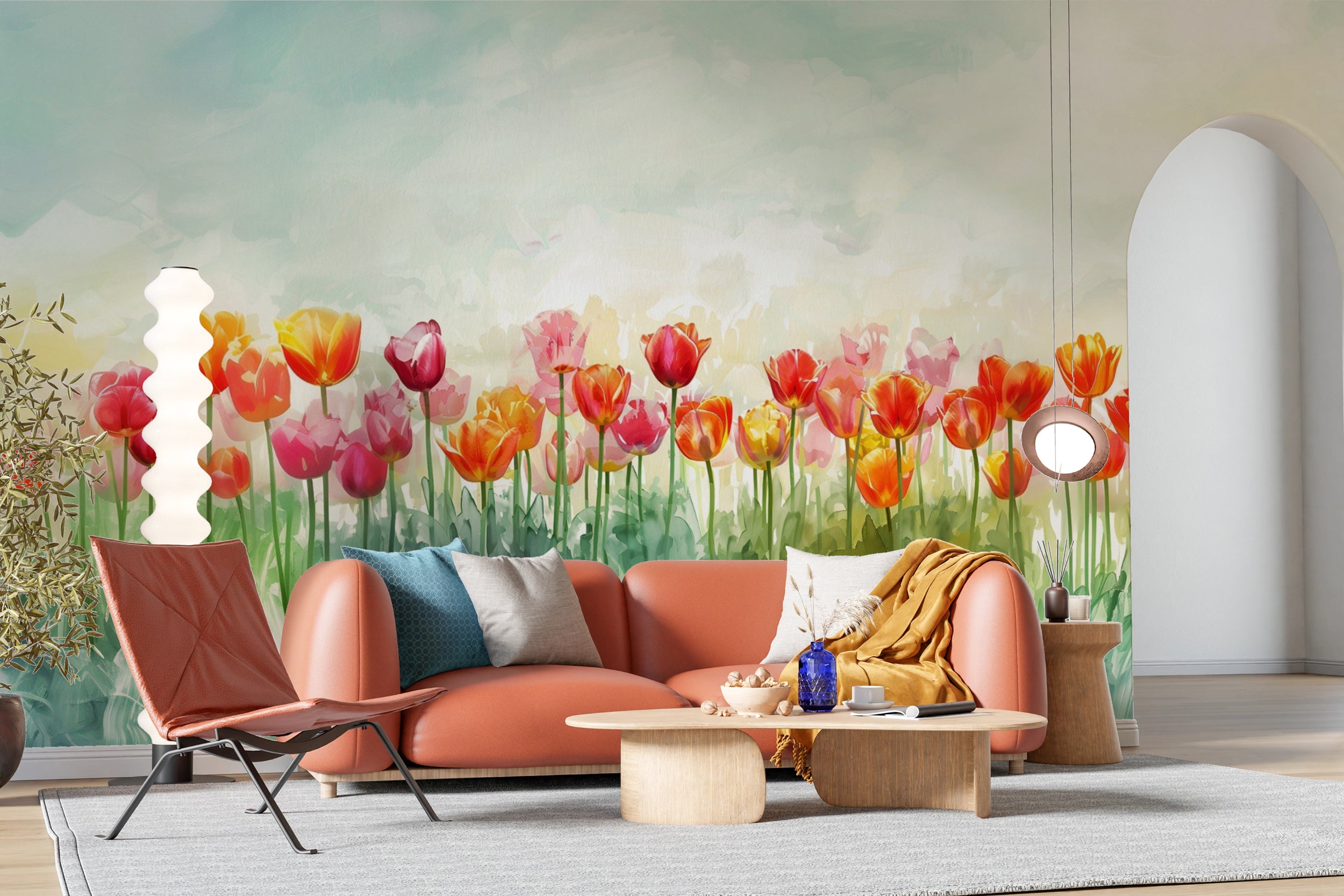 Watercolor Tulips Wall Mural, Peel and Sick Tulip Field Wallpaper, Colorful Floral Meadow Art, Large Flowers Wall Decor
