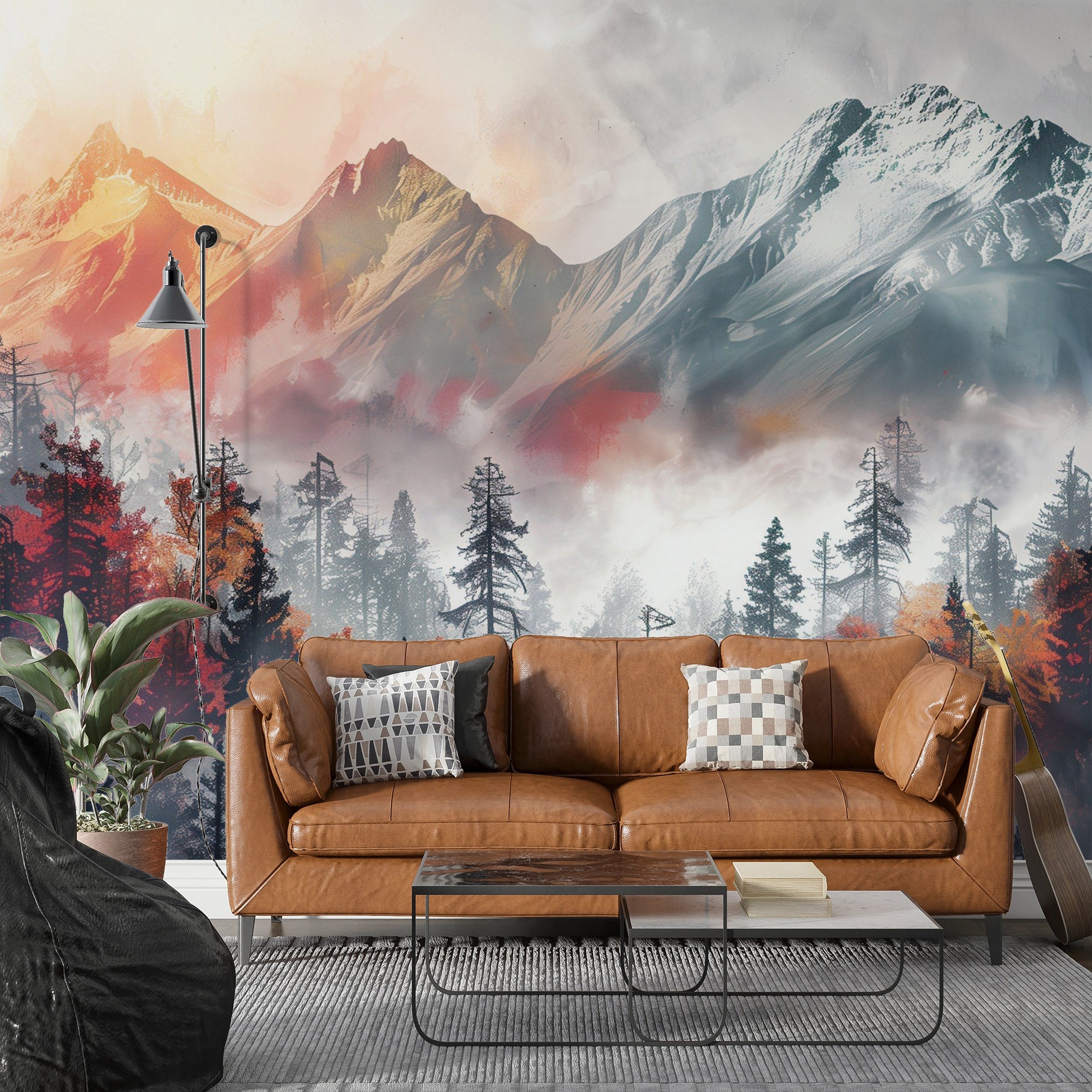 Grey and Orange Mountains and Pine Forest Wall Mural, Peel and Stick Foggy Landscape Mural, Removable Sunset Mountain Decor