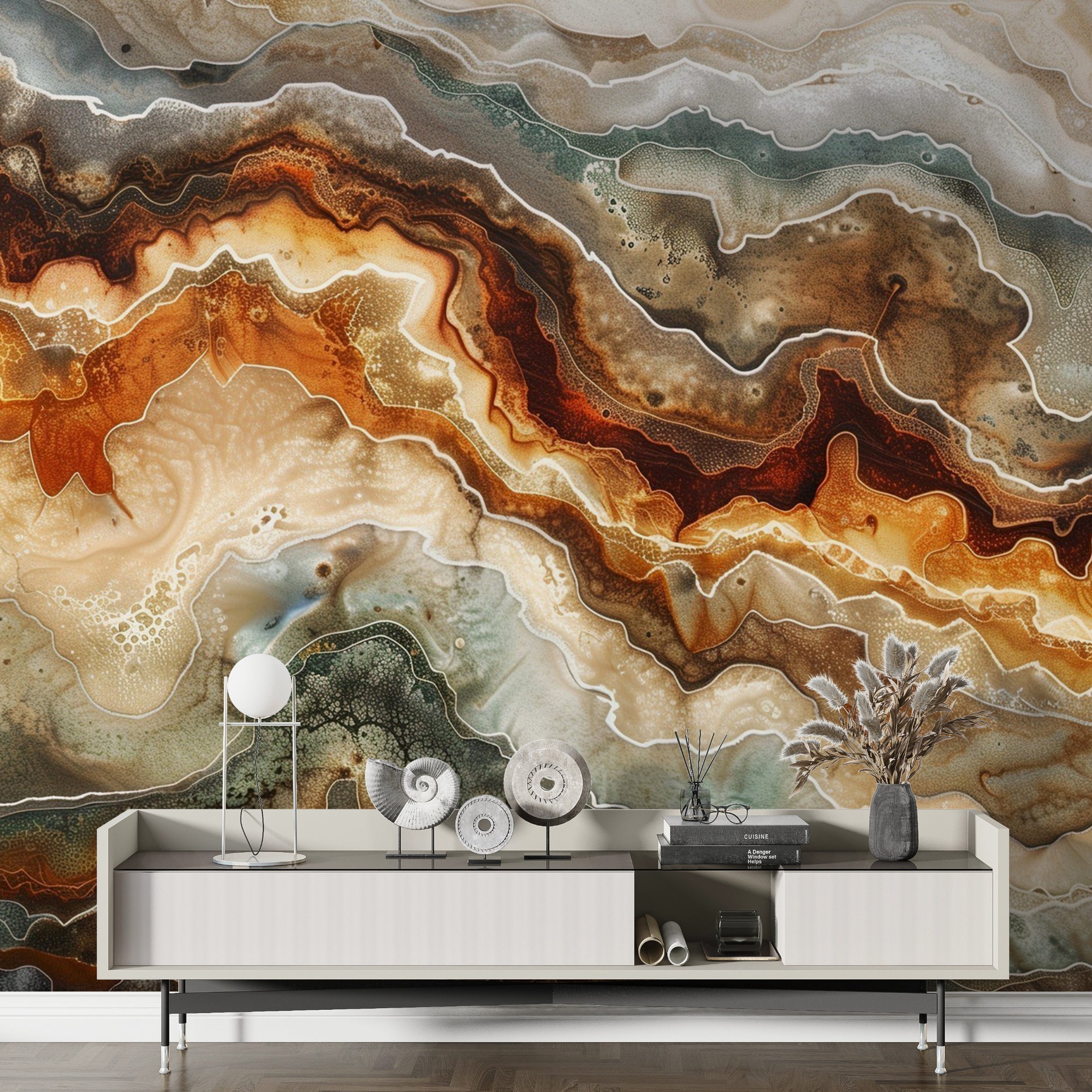 Earth Tones Marble Mural, Peel and Stick Natural Dark Marble Wallpaper, Removable Green Brown Stone Texture Surface Decor