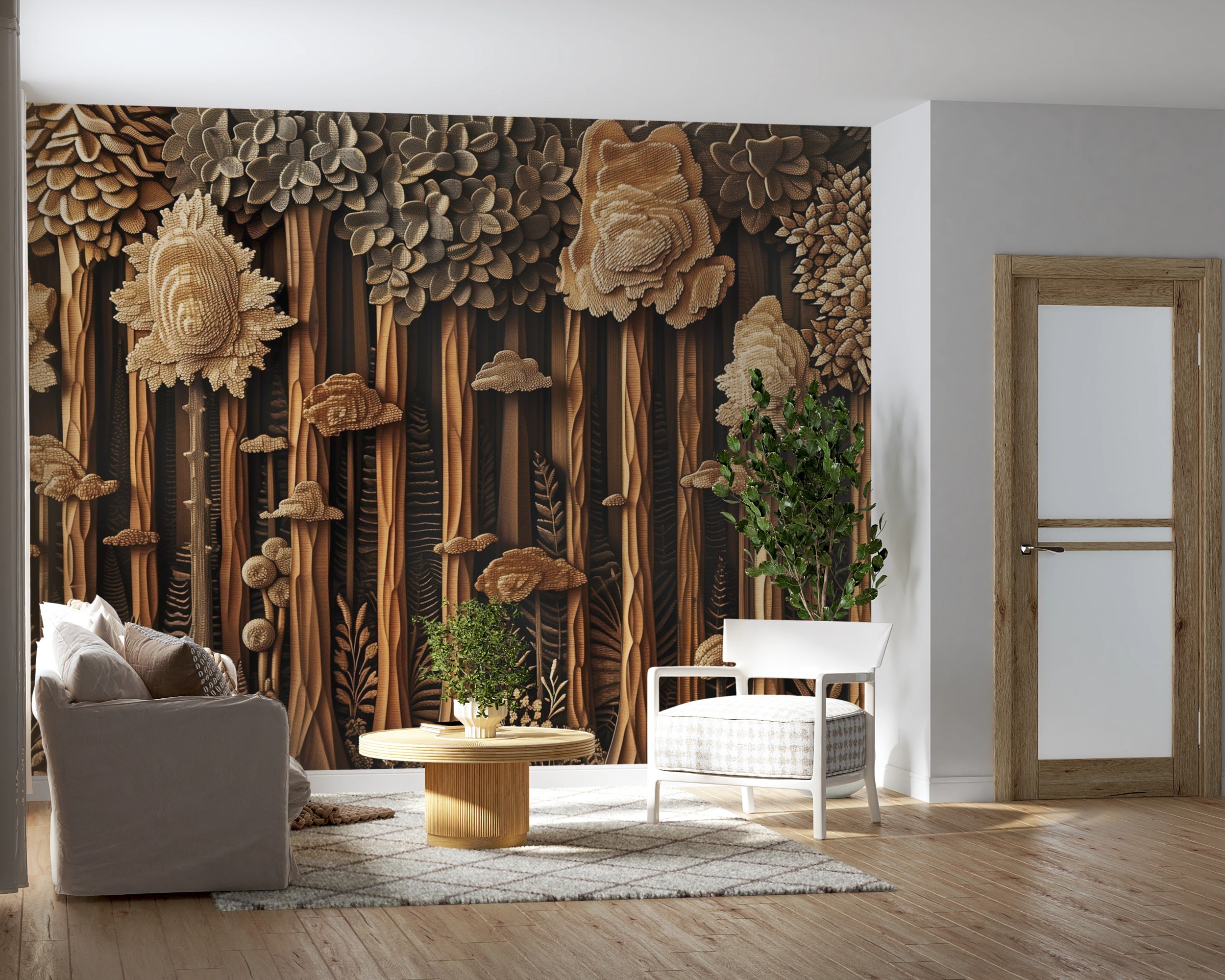 Wood Carving Style Forest Wall Mural, Peel and Stick Wooden Trees Wall Decor, Dark Brown Wooden Look Accent Wall Wallpaper