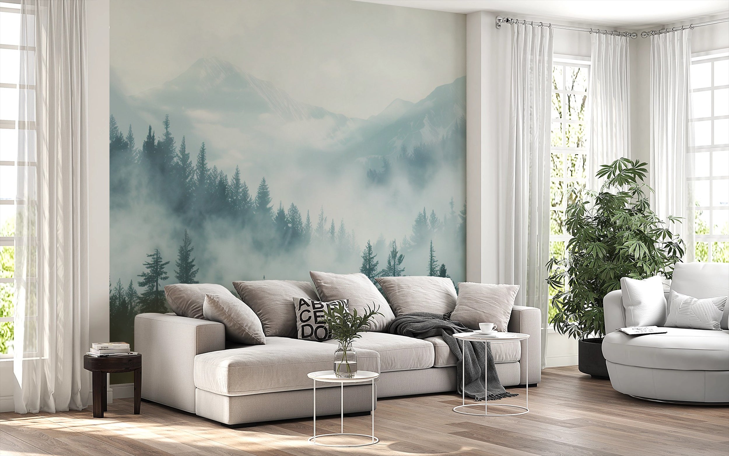 Watercolor Blue Forest and Mountains Mural, Peel and Stick Pine Forest Wallpaper, Soft Blue Nursery Removable Nature Wall Decor