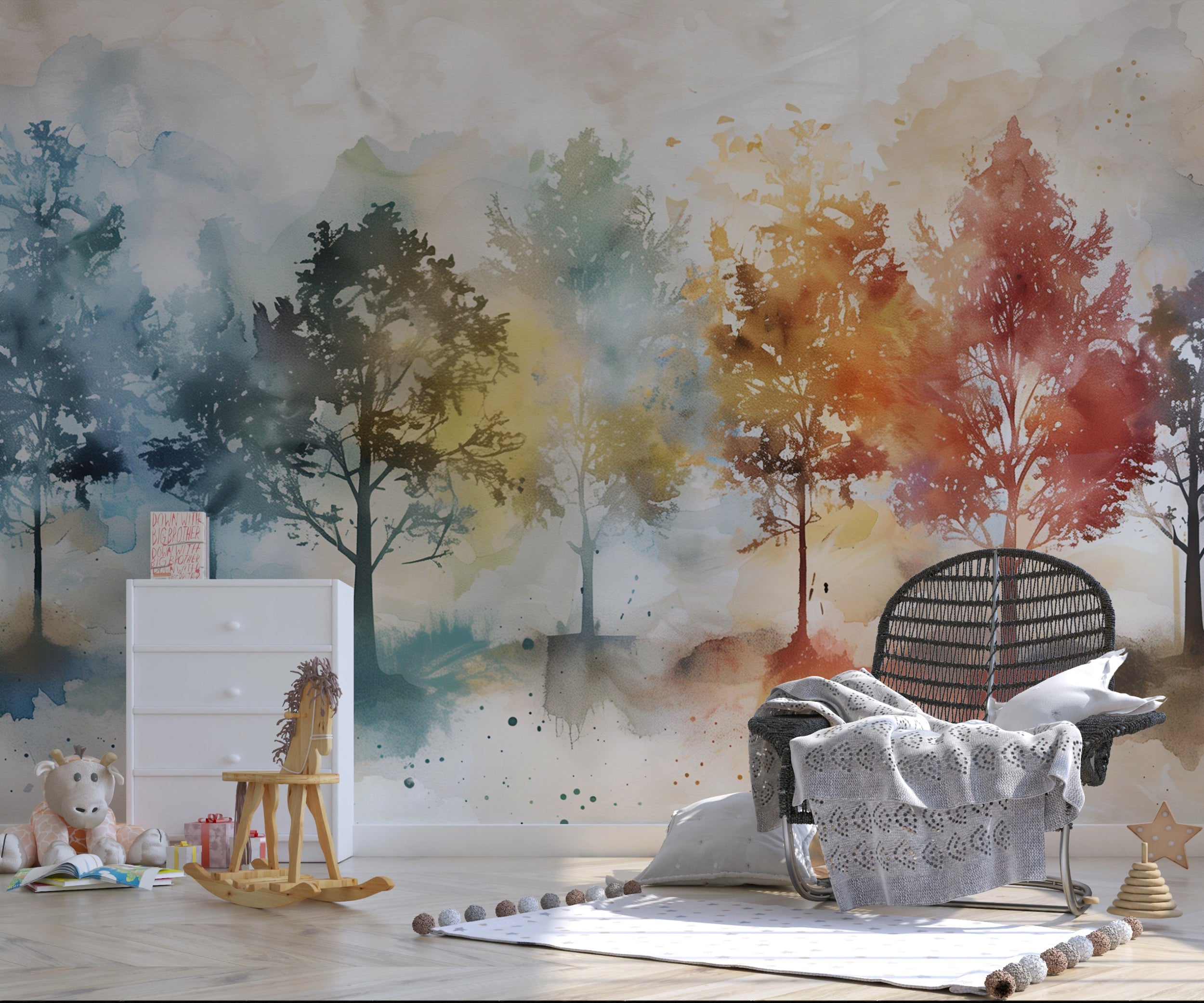 Colorful Trees Mural, Peel and Stick Autumn Forests Wallpaper, Watercolor Nursery Tree Removable Wall Decor
