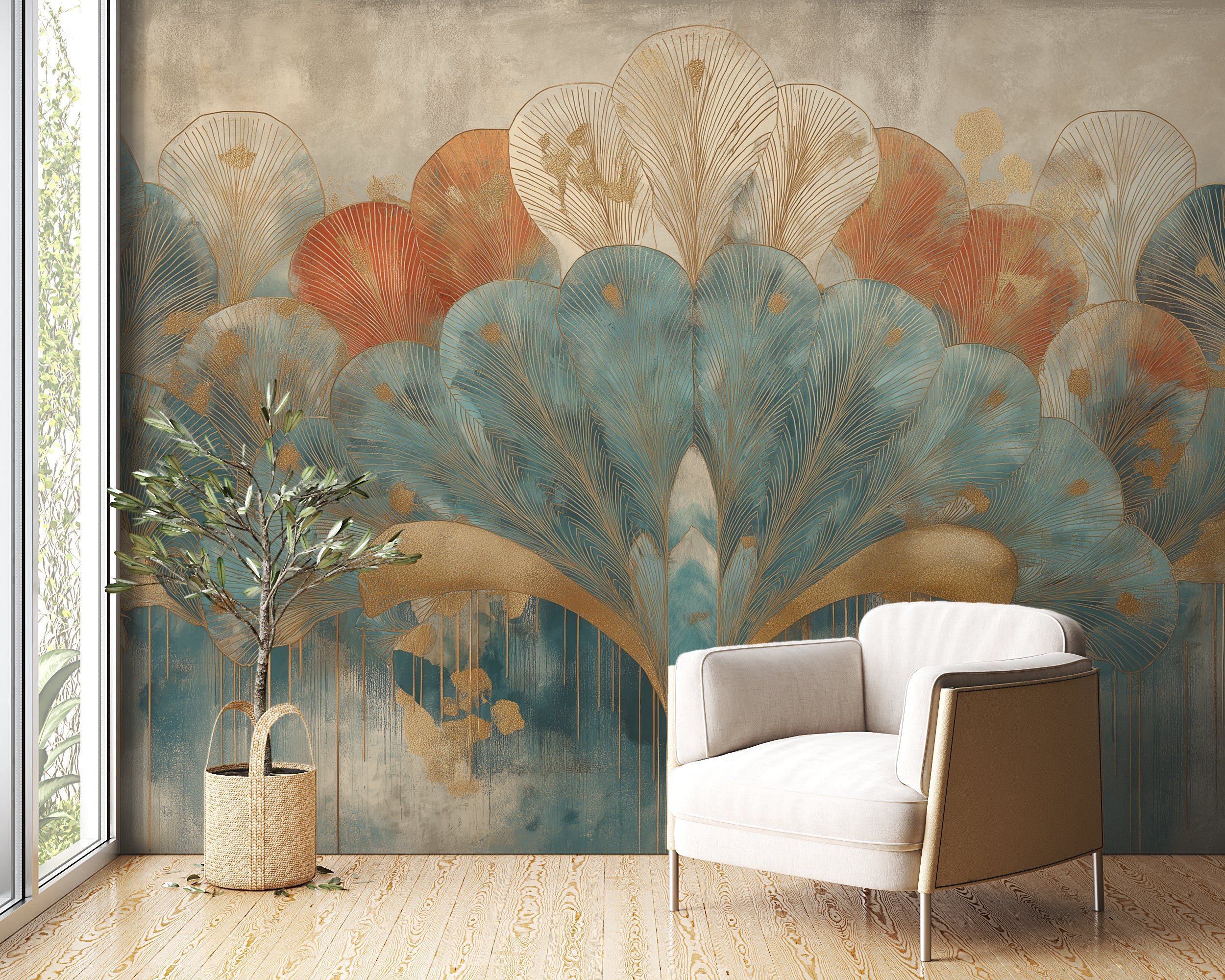 Sophisticated Art Deco wall art mural with rich teal and coral