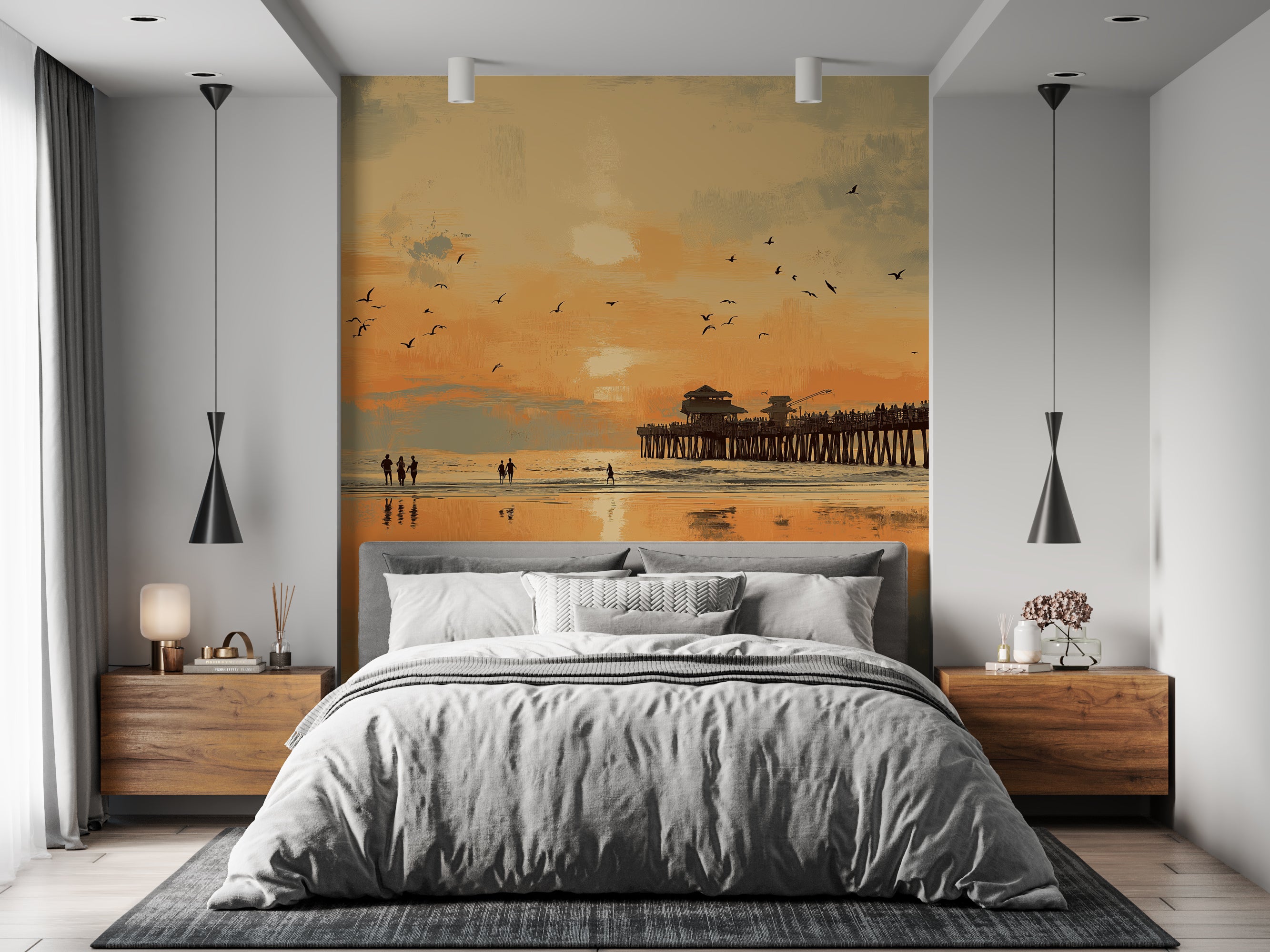 Ocean boardwalk wallpaper with flock of seabirds