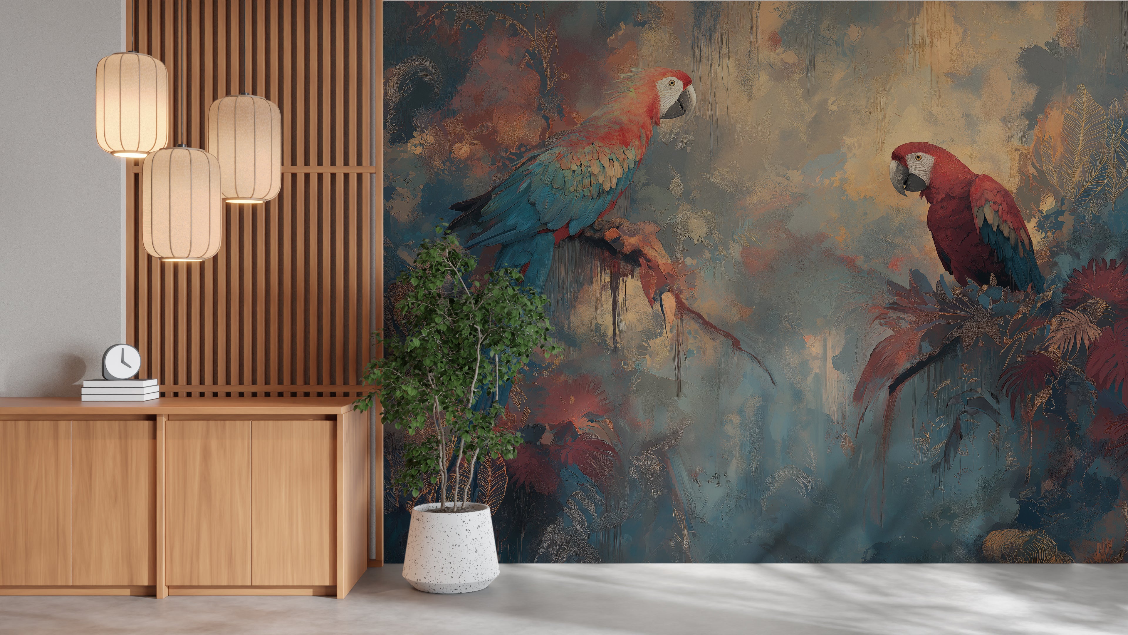 colorful bird wall mural with rainforest painting effect