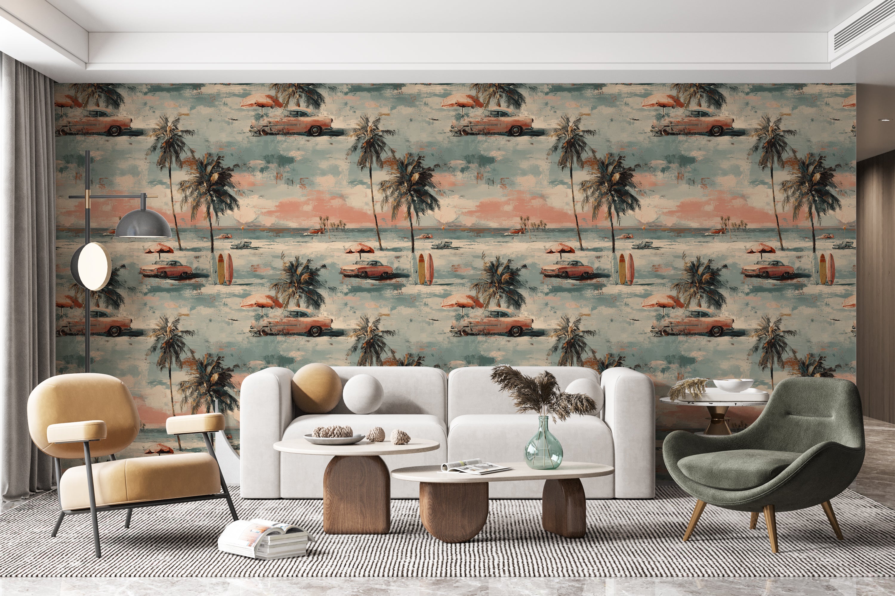 pink and teal retro beach wall art with ocean and surfboards