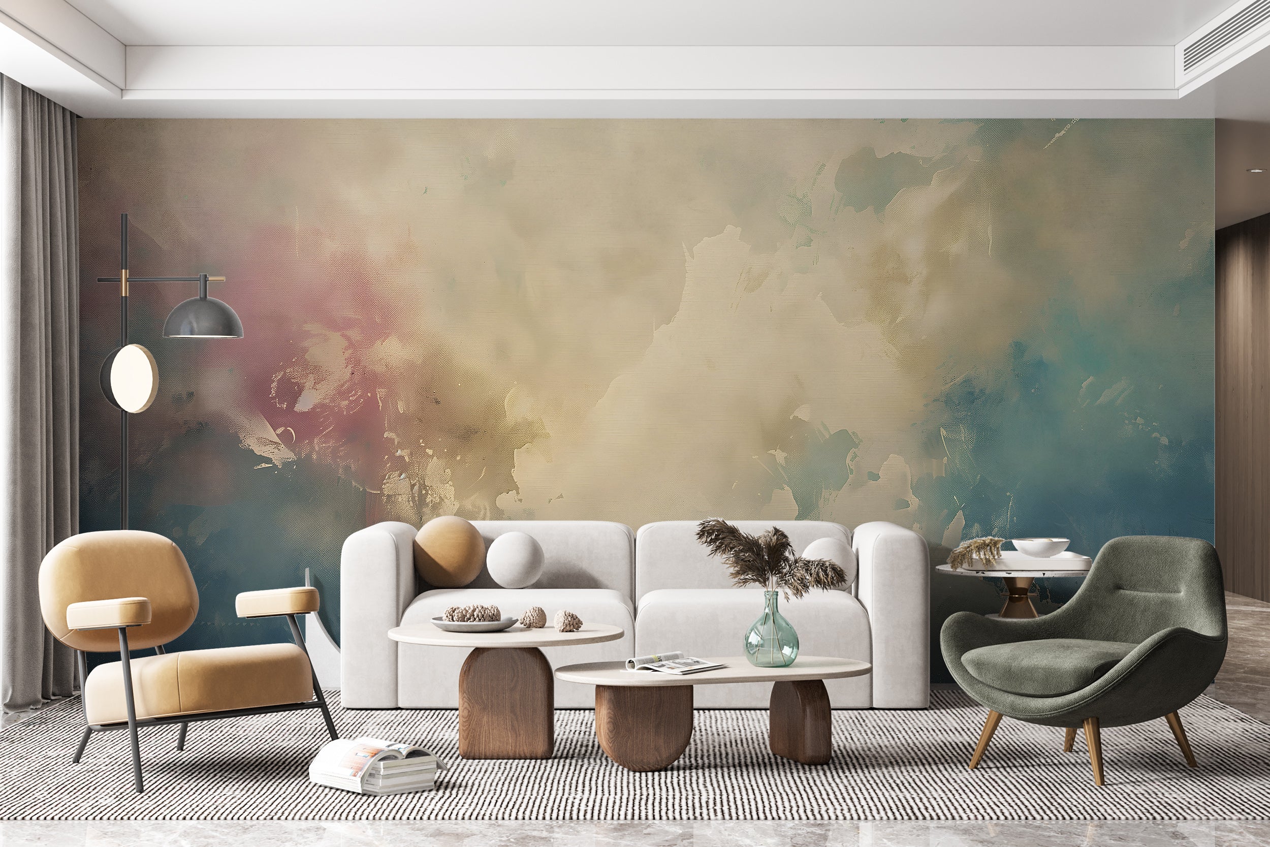 Abstract Art Wall Mural, Peel and Stick Plaster Design Wallpaper, Beige and Blue Abstract Accent Wall Decor, Watercolor Removable Art