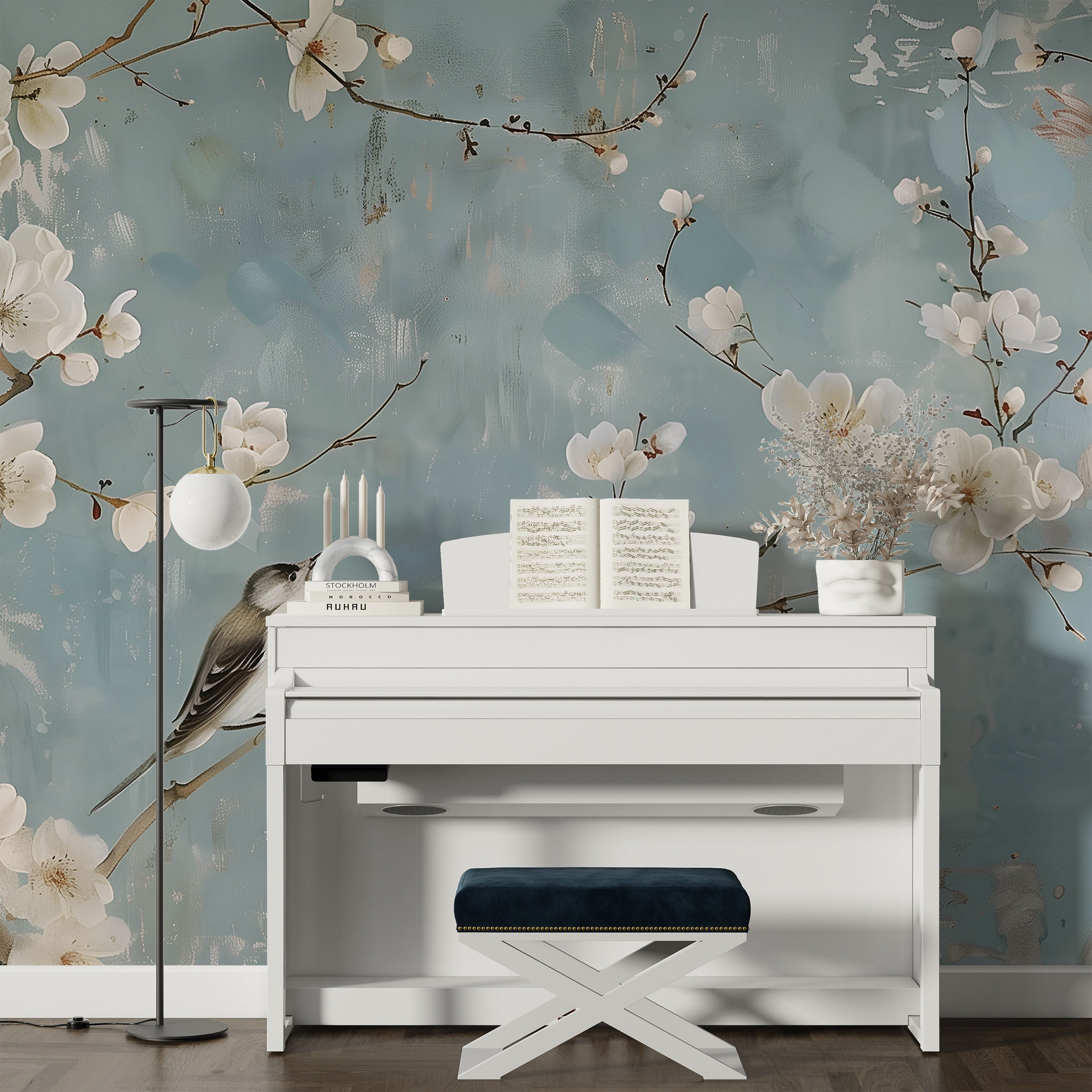 Soft Blue Chinoiserie Mural, Delicate Botanical Wallpaper, Peel and Stick Floral Wall Decor, Flowers and Birds Japanese Wall Art