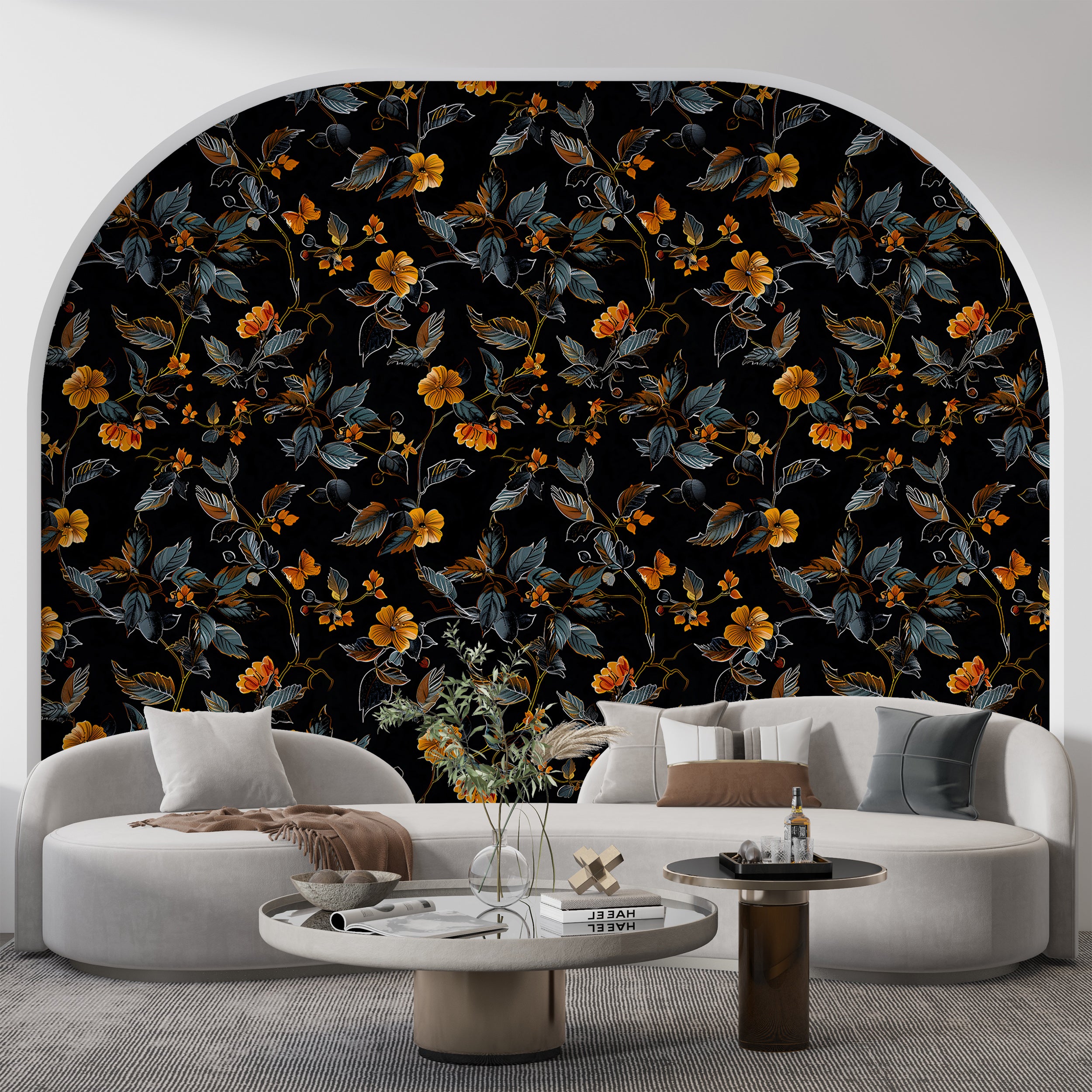 Abstract Dark Floral Wallpaper, Black and Orange Botanical Wallpaper, Peel and Stick Orange Flowers Wall Decal, Removable Floral Decor