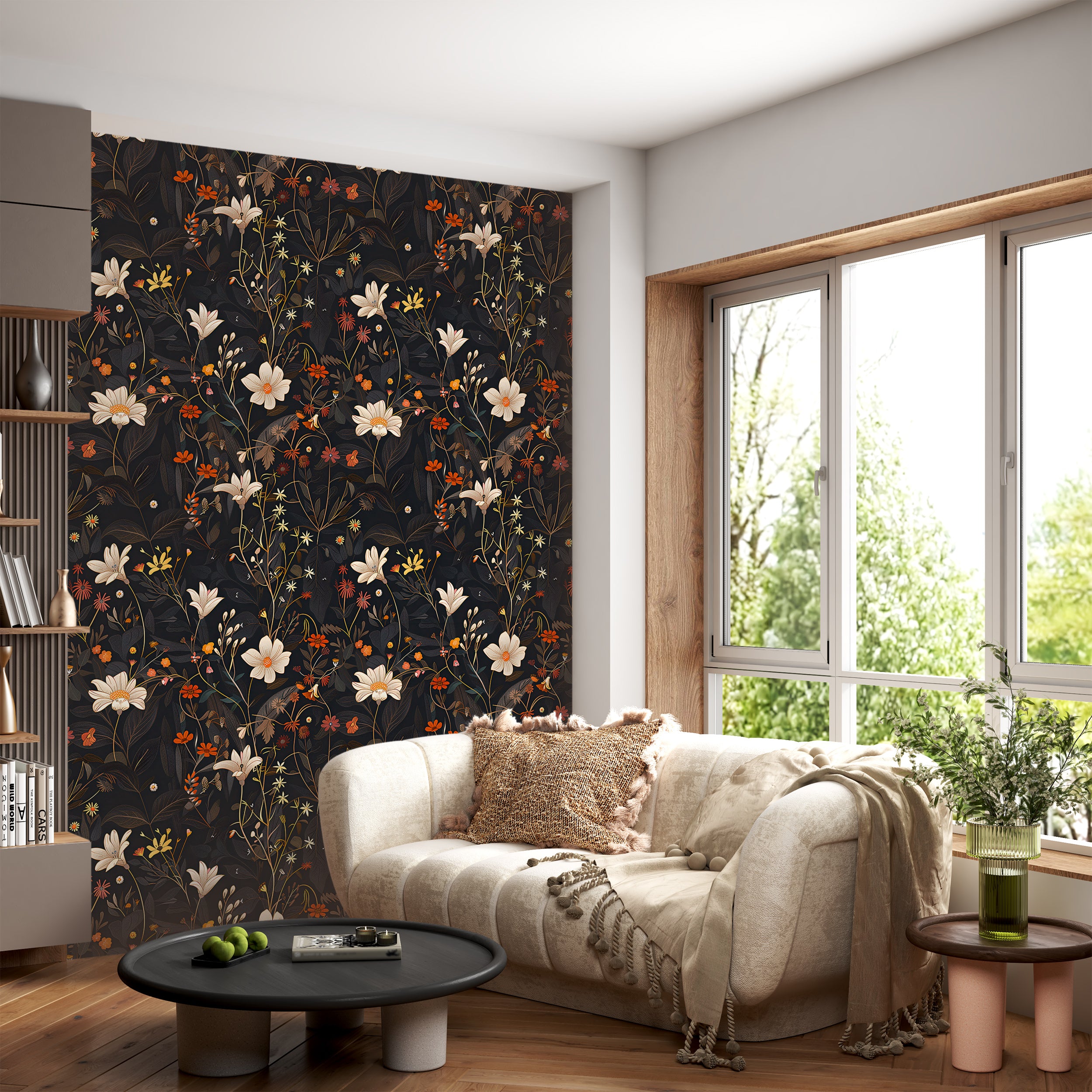 Wild Flowers Dark Wallpaper, Meadow Flower Peel and Stick Wall Decal, Black and Red Botanical Wallpaper, Dark Field Floral Decor