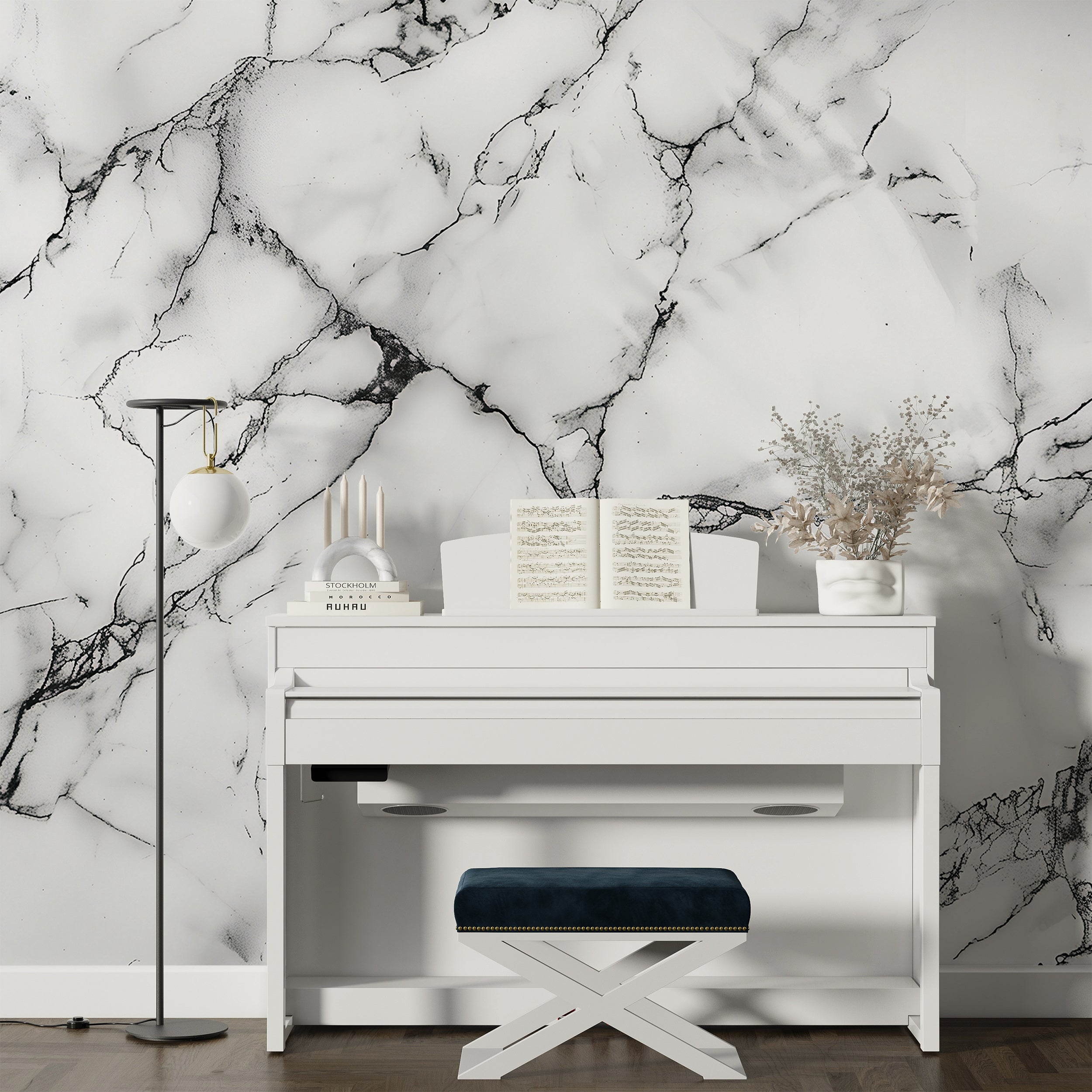 Black&White Marble Mural, Self-adhesive Natural Marble Wallpaper, Stone Texture Mural, Removable White Marble with Black Lines Decor