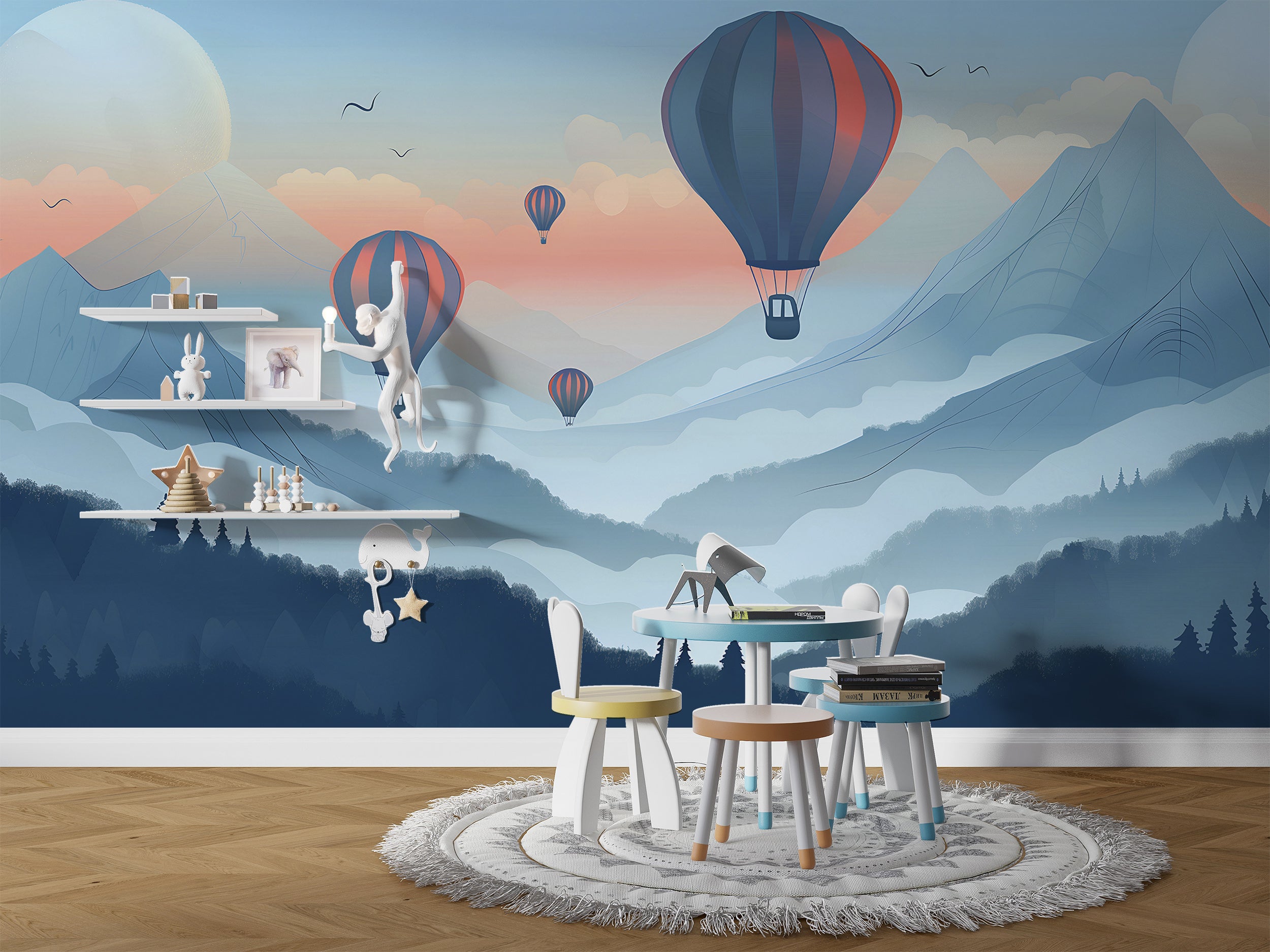 Watercolor Blue Mountains Mural, Hot Air Balloons Mural, Peel and Stick Nursery Landscape Wallpaper, Hot Air Balloons Kids Room Decor