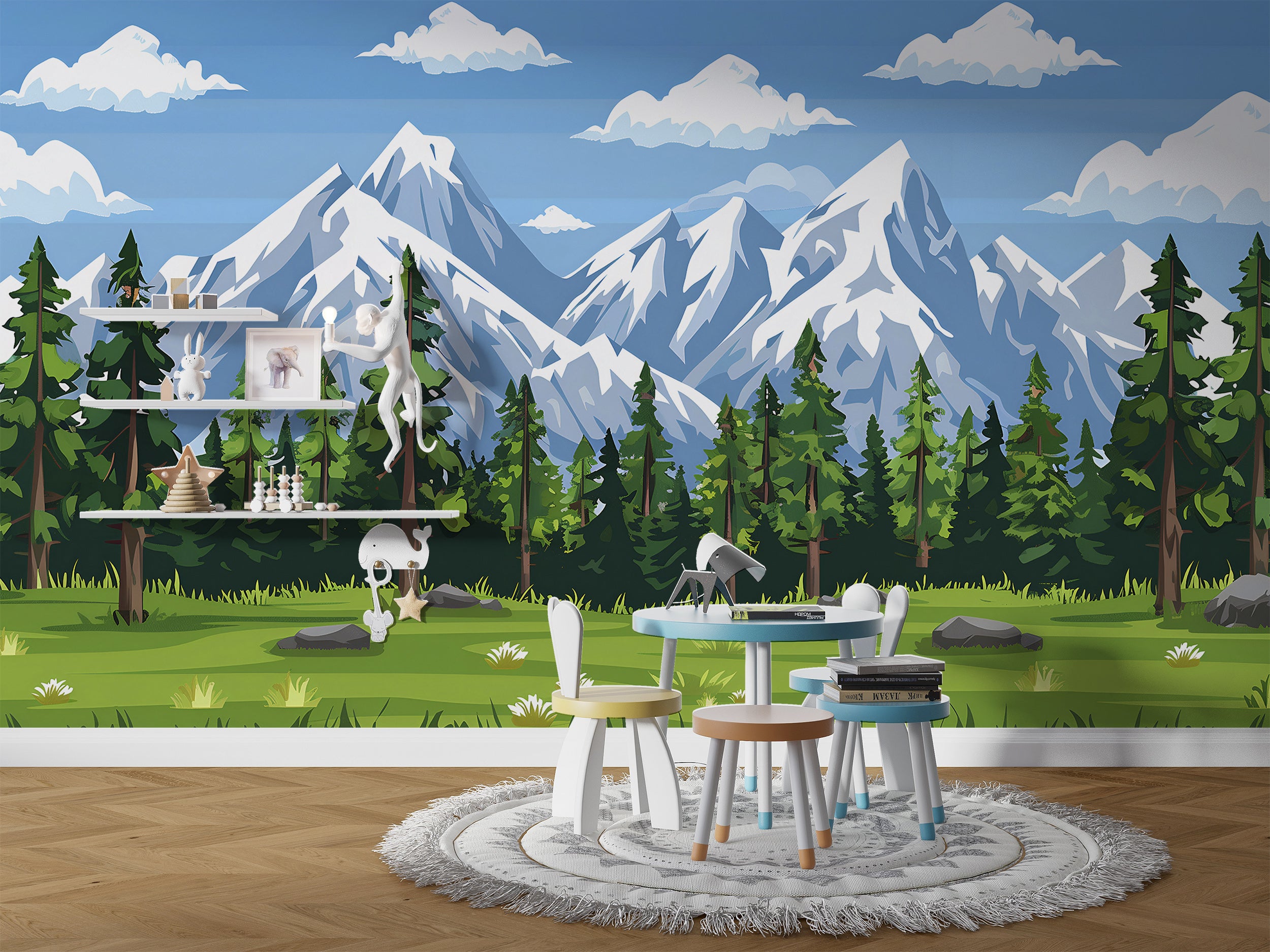 Colorful Nursery Landscape Mural, Kids Room Accent Wall Cartoon Style Nature Mural, Peel and Stick Mountains and Forest Wallpaper
