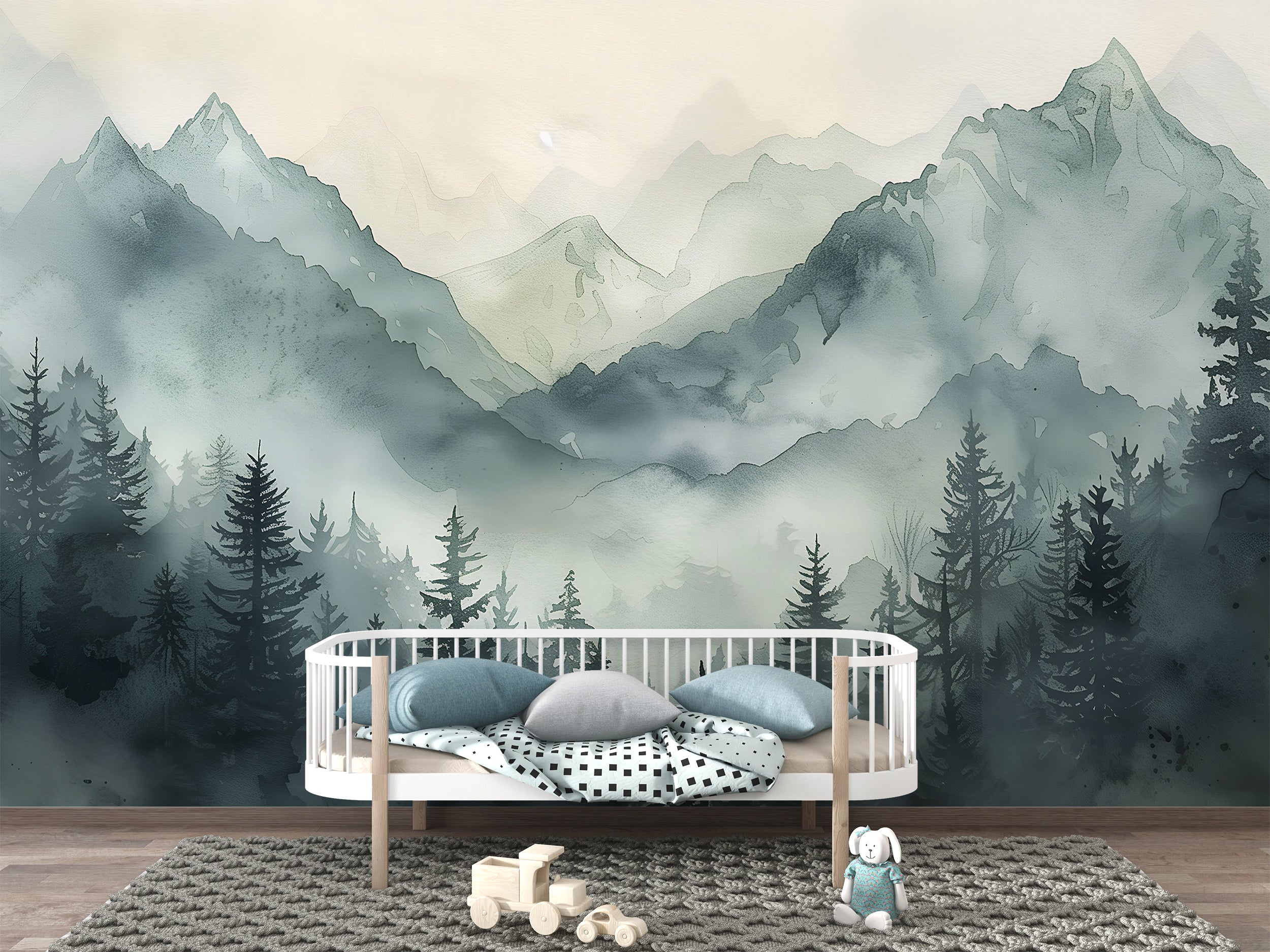 Green Mountains Wall Mural, Watercolor Foggy Forest and Mountains Wallpaper, Peel and Stick Nursery Soft Nature Mural, Wild Nature Art