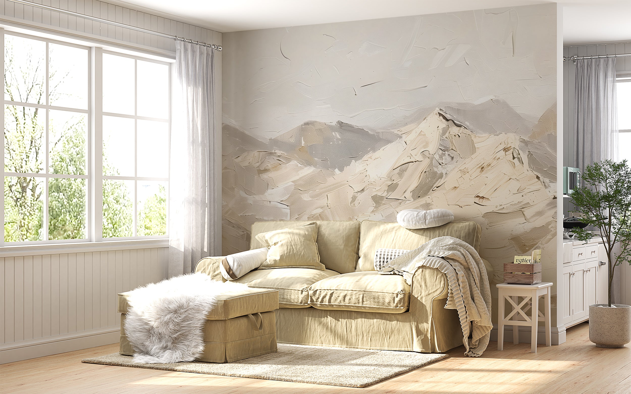 Beige Mountains in Palette Knife Style Mural, Abstract Peel and Stick Landscape Art, Removable Mountains Oil Painting Wallpaper