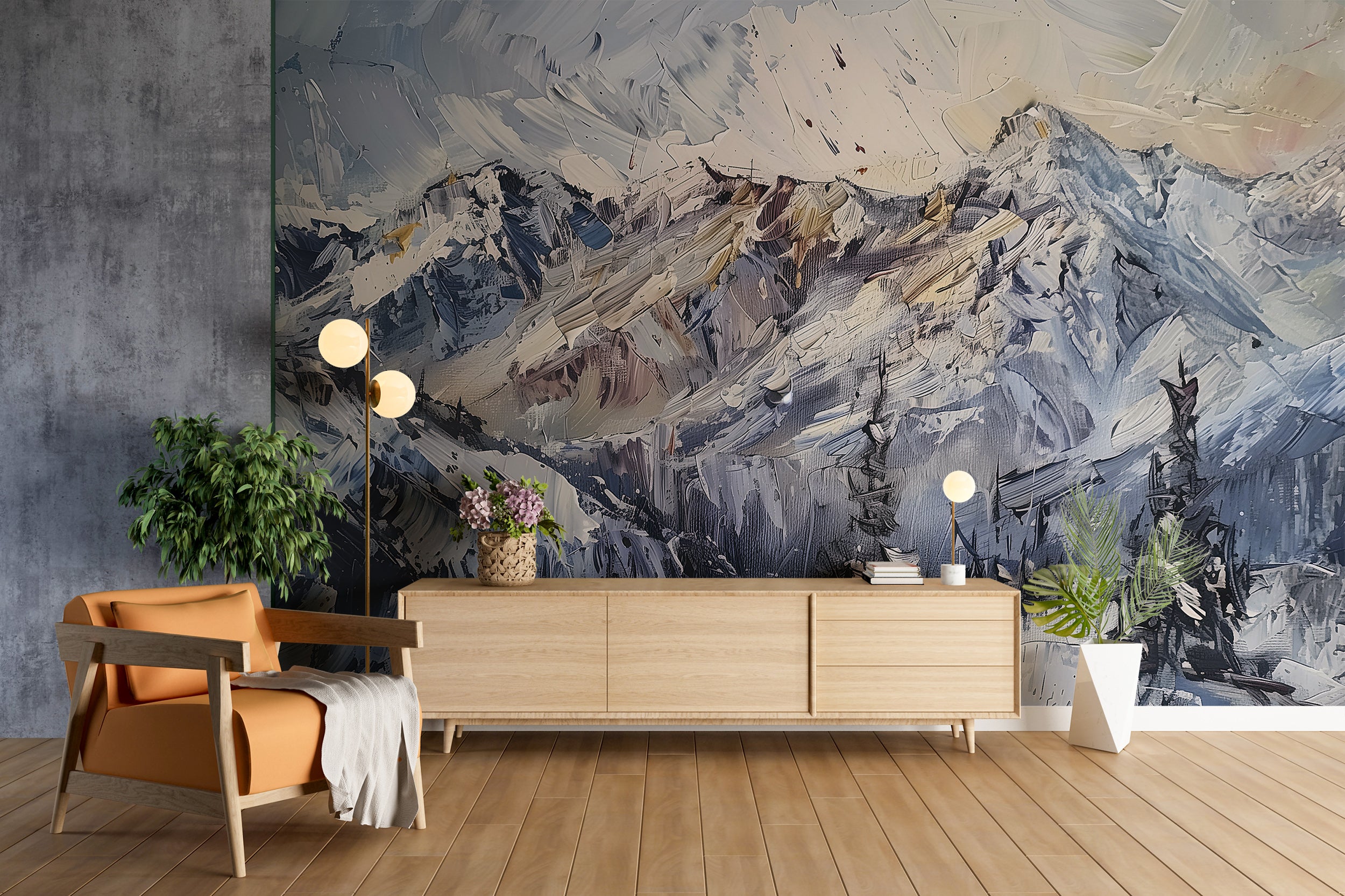 Abstract Oil Painting of Snowy Mountains Mural, Peel and Stick Mountains, Snowy Landscape Wallpaper, Blue and White Mountain Mural