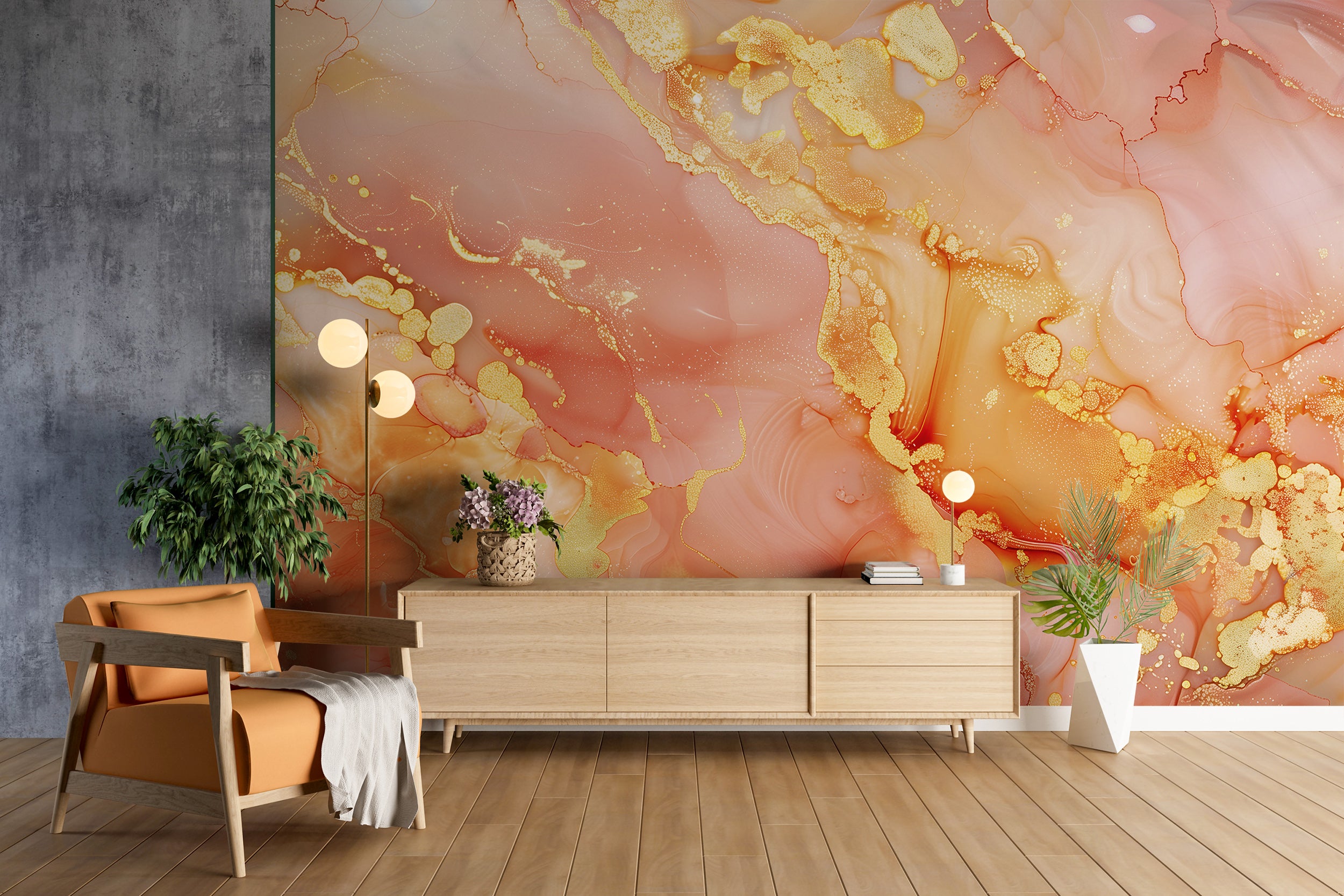 Abstract Peach Color Mural, Pink and Orange Alcohol Ink Mural, Marble Wallpaper, Peel and Stick Accent Wall Modern Decor, Unique Custom Art