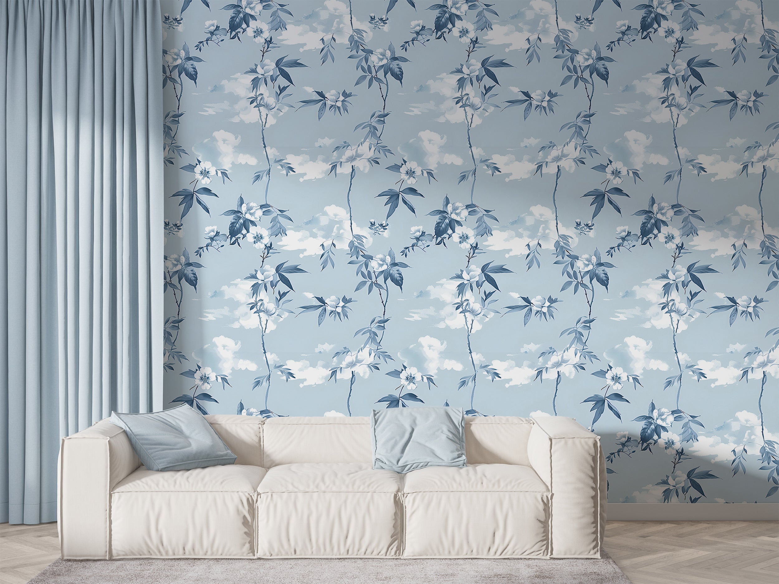 Sky Blue Floral Wallpaper, Light Botanical Peel and Stick Decor, Blue Vines and Leaves Wallpaper, Clouds Wall Decal, Flower Wallpaper