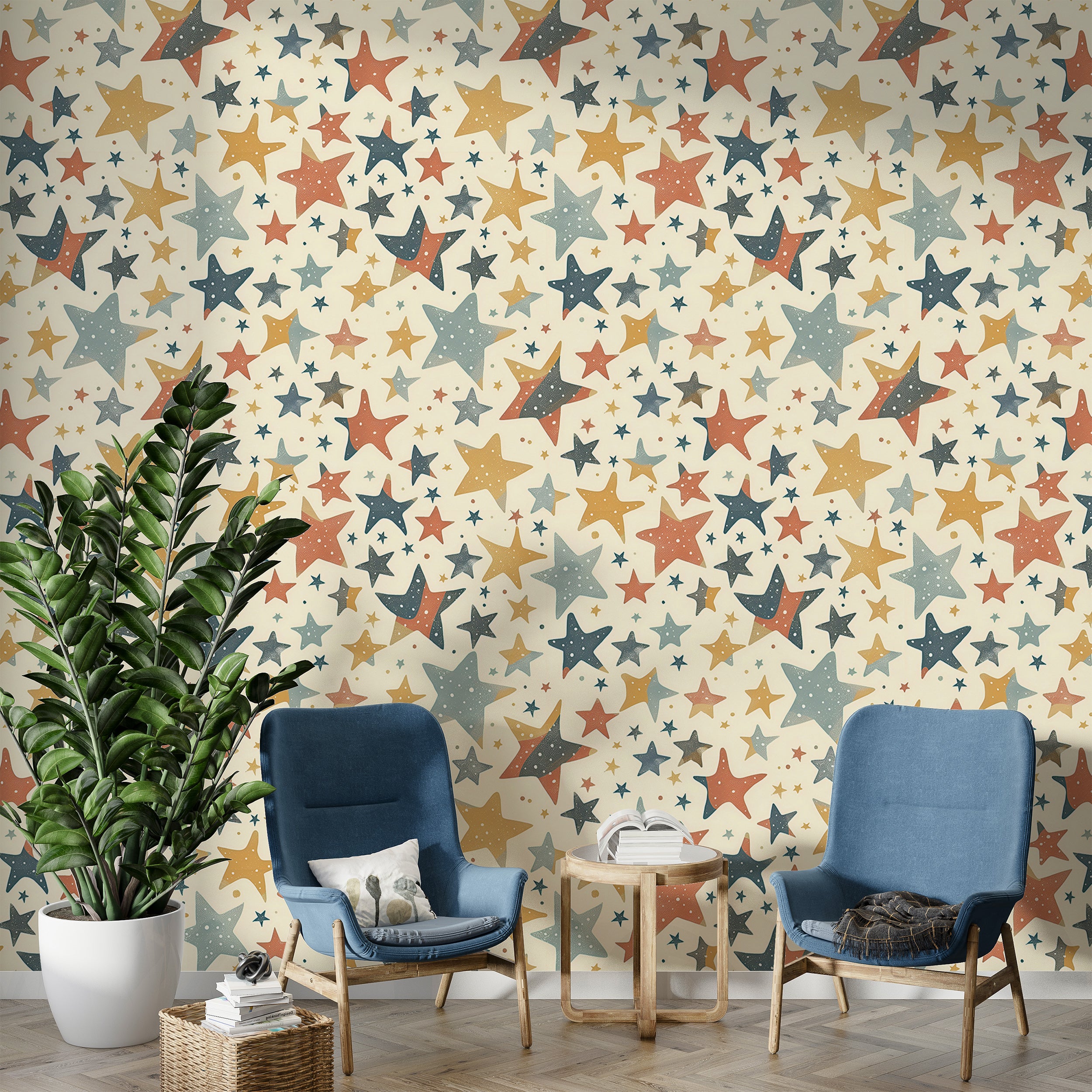 Small and Large Stars Wallpaper, Multicolor Kids Room Stars Wall Decor, Self-adhesive Starry Wallpaper, Beige Nursery Star Pattern Decal
