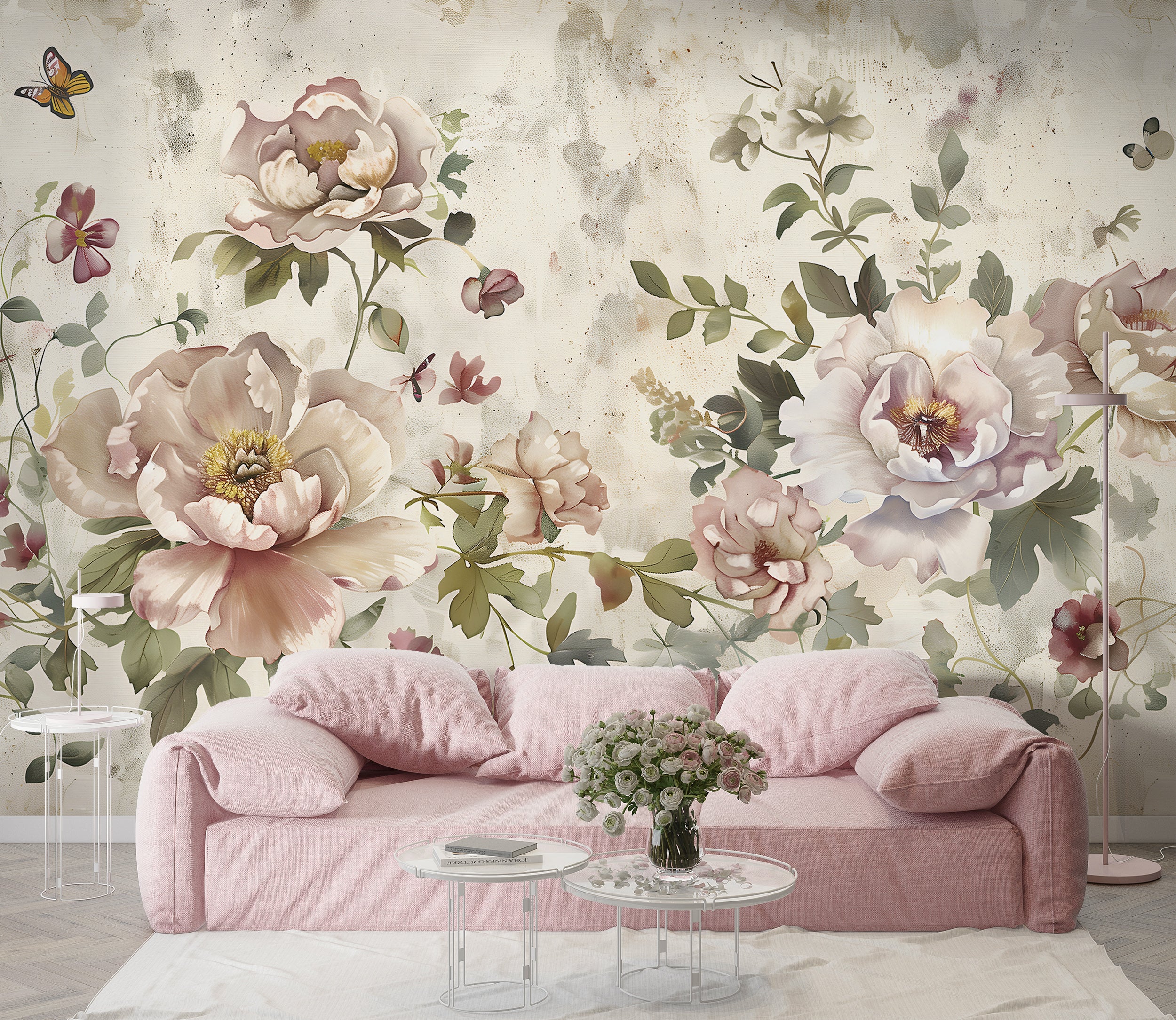 Large Flowers Wall Mural, Peel and Stick Floral Wallpaper, Beige Flowers and Butterflies Mural, Pink Flowers and Green Leaves Wall Decor