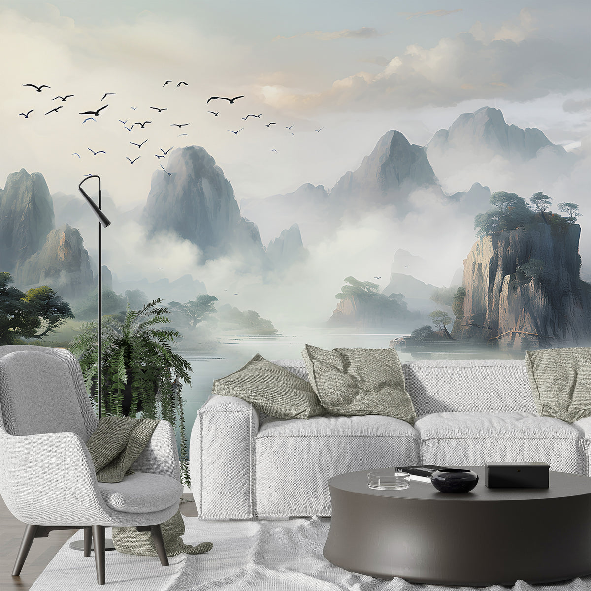 Lake and Foggy Mountains Wall Mural | Boat on the Lake Wallpaper