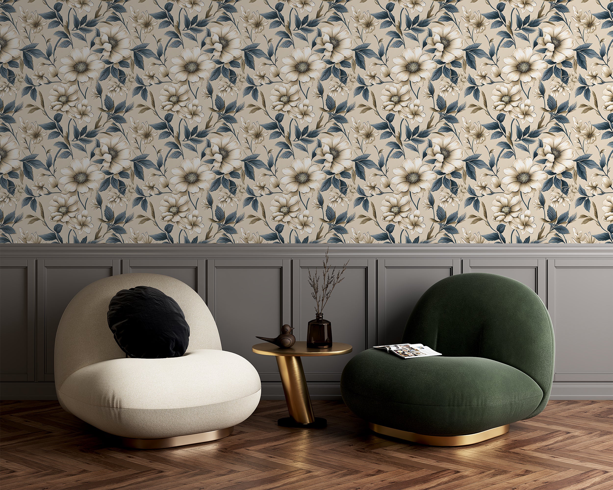 Beige and Blue Floral Peel and Stick Wallpaper