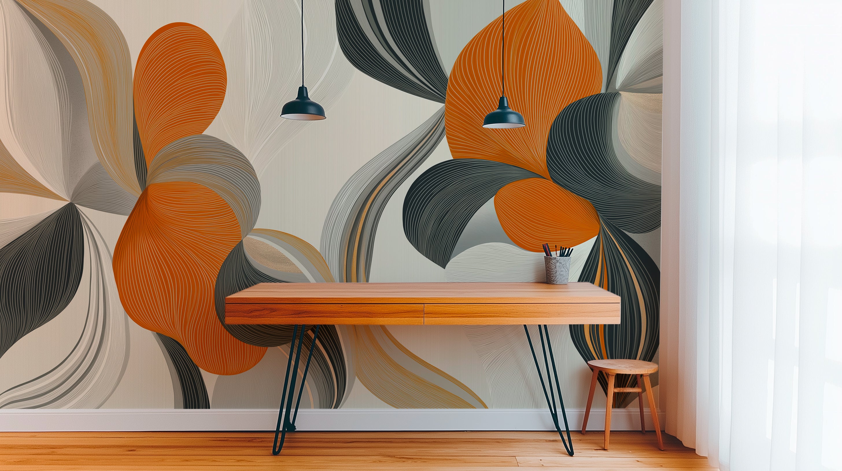 Abstract floral pattern with flowing curved shapes in earthy orange, gray, and beige tones, modern decorative background for design projects