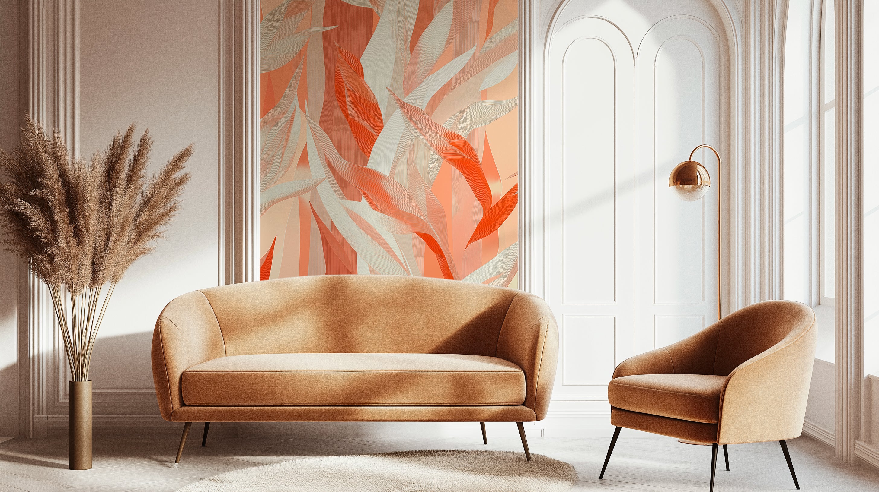 Elegant abstract mural with flowing leaves in warm orange and beige tones, modern nature-inspired background for design and decoration