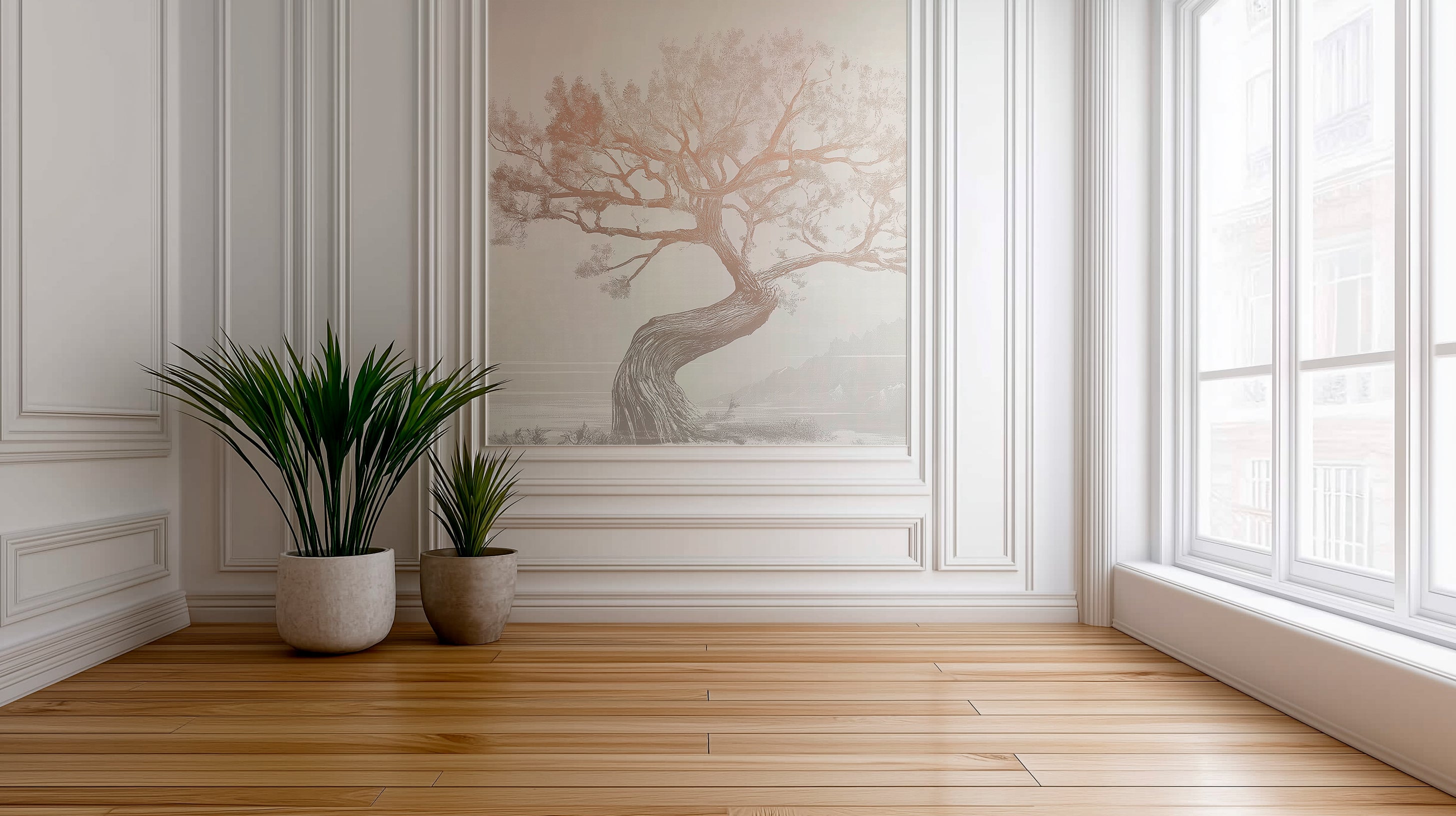 Minimalist mural with landscape with twisted tree and flying birds in soft monochrome tones, serene nature-inspired artwork with Asian aesthetic for decor.