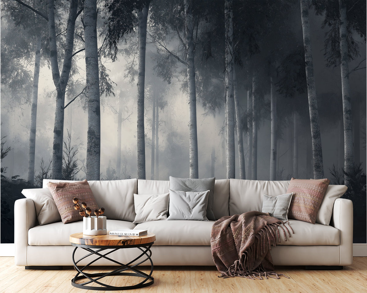 Forest Misty Trees Wallpaper, Nature Wall Decor, Woodland Scene, Black