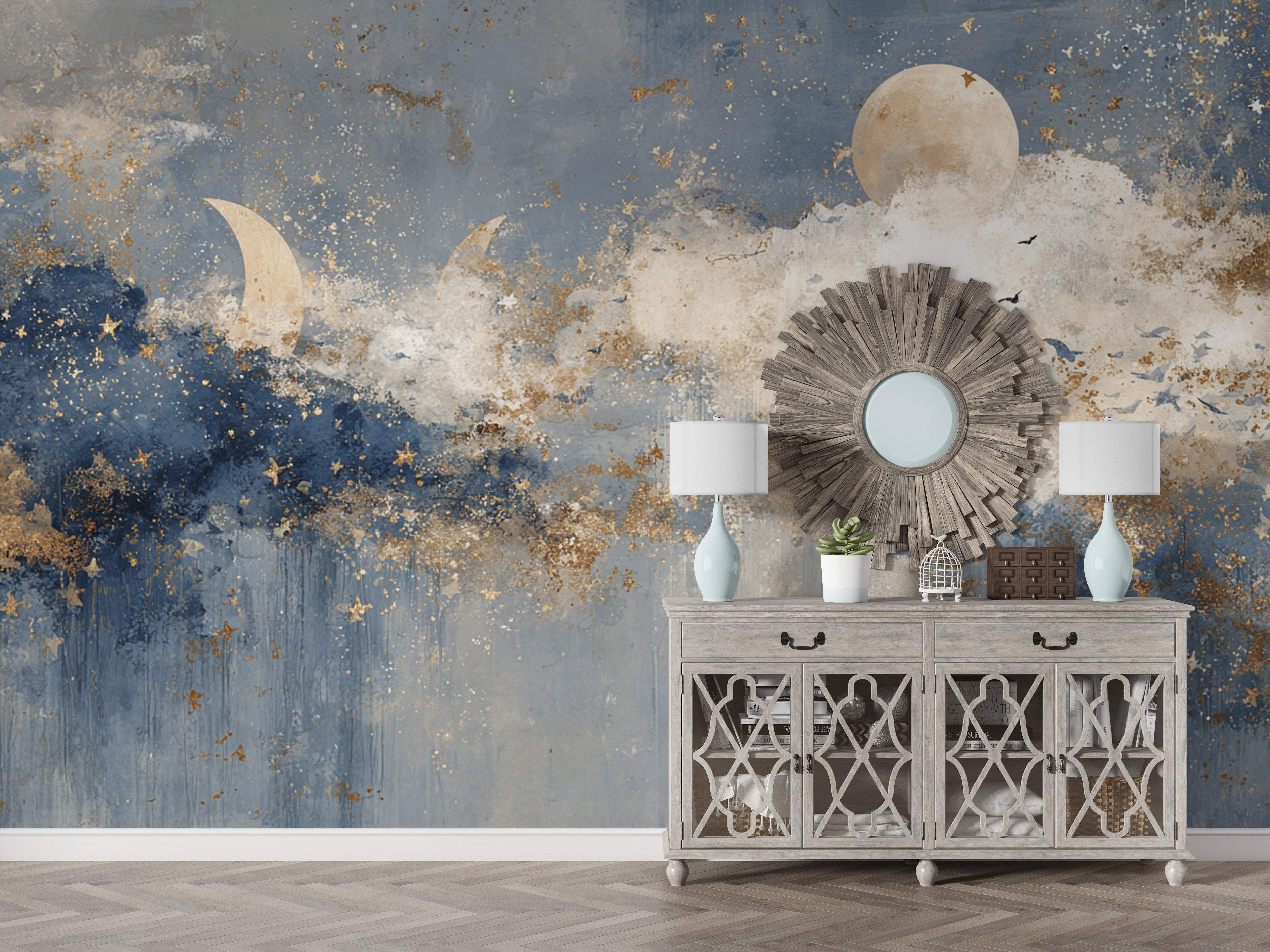 Celestial Wall Mural with Moon Phases Stars and Clouds in Navy Blue and Gold for Nursery or Dreamy Room Decor