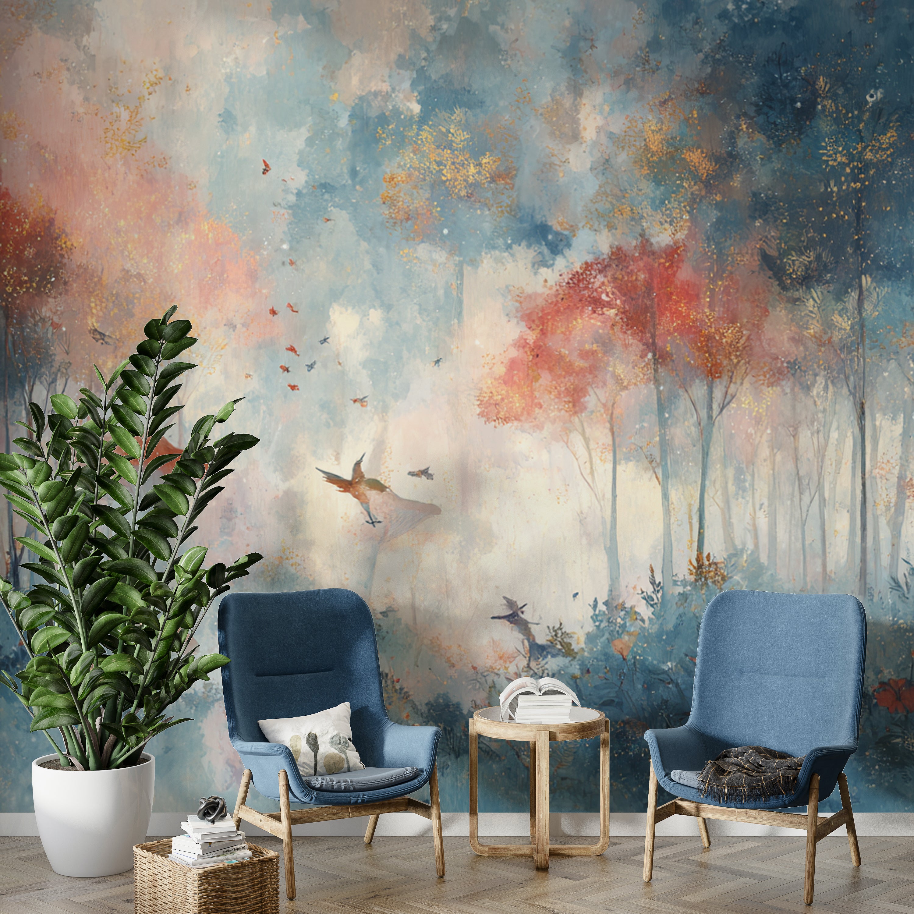 Fantasy Forest Wallpaper Mural – Magical Woodland Wall Art with Birds, Glowing Trees, Dreamy Blue and Coral Colors for Kids or Boho Rooms