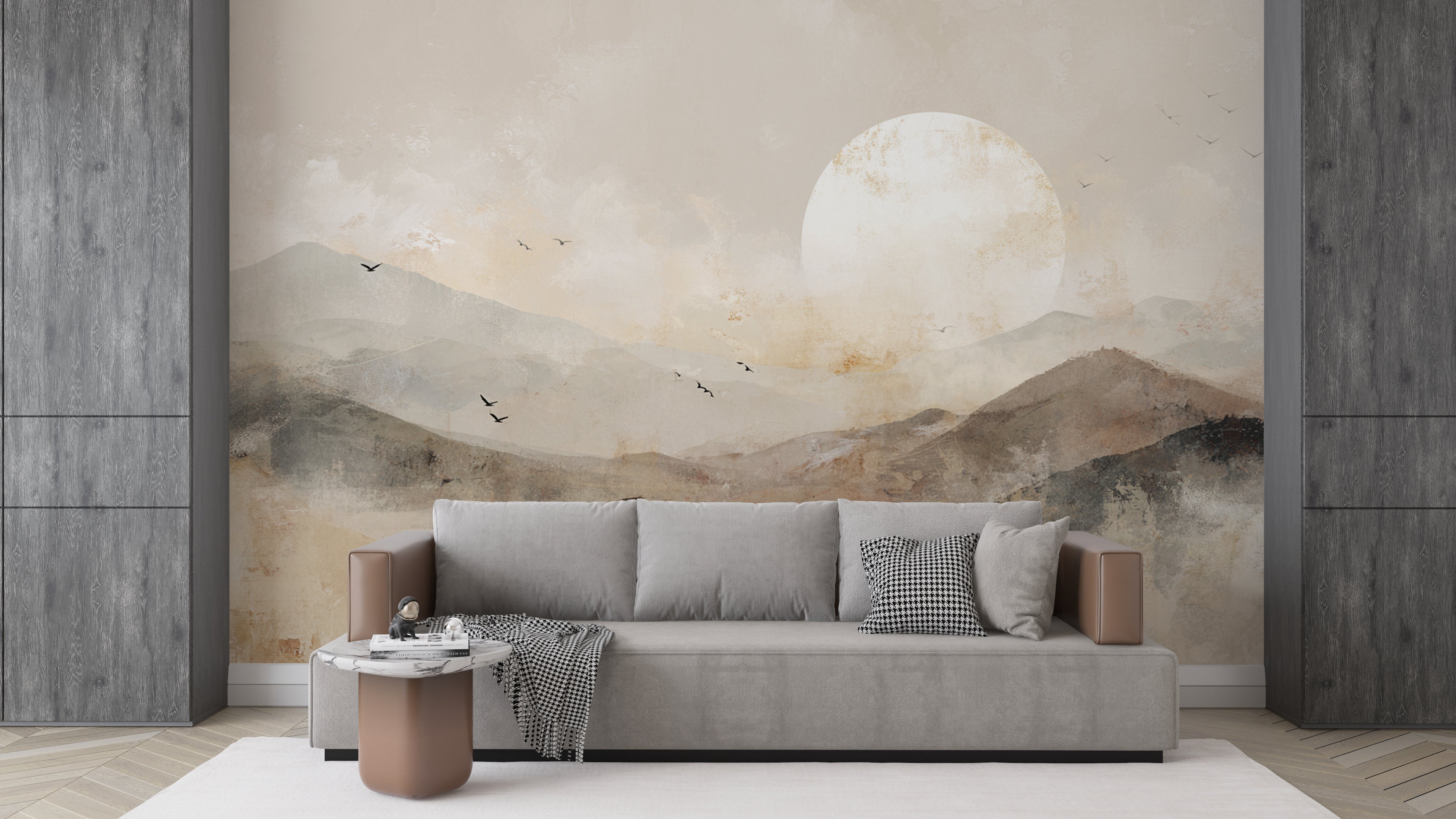Earthy mountain wallpaper mural with calming sunrise effect