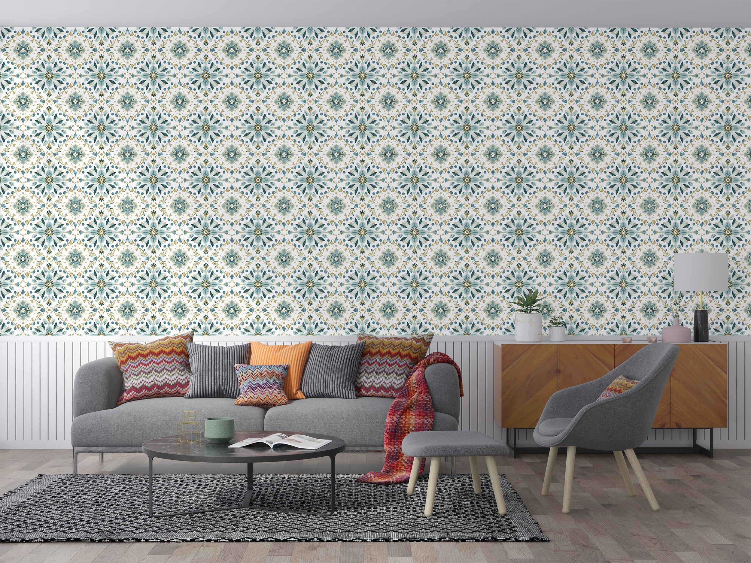 Mint and White Wall Mural Detail