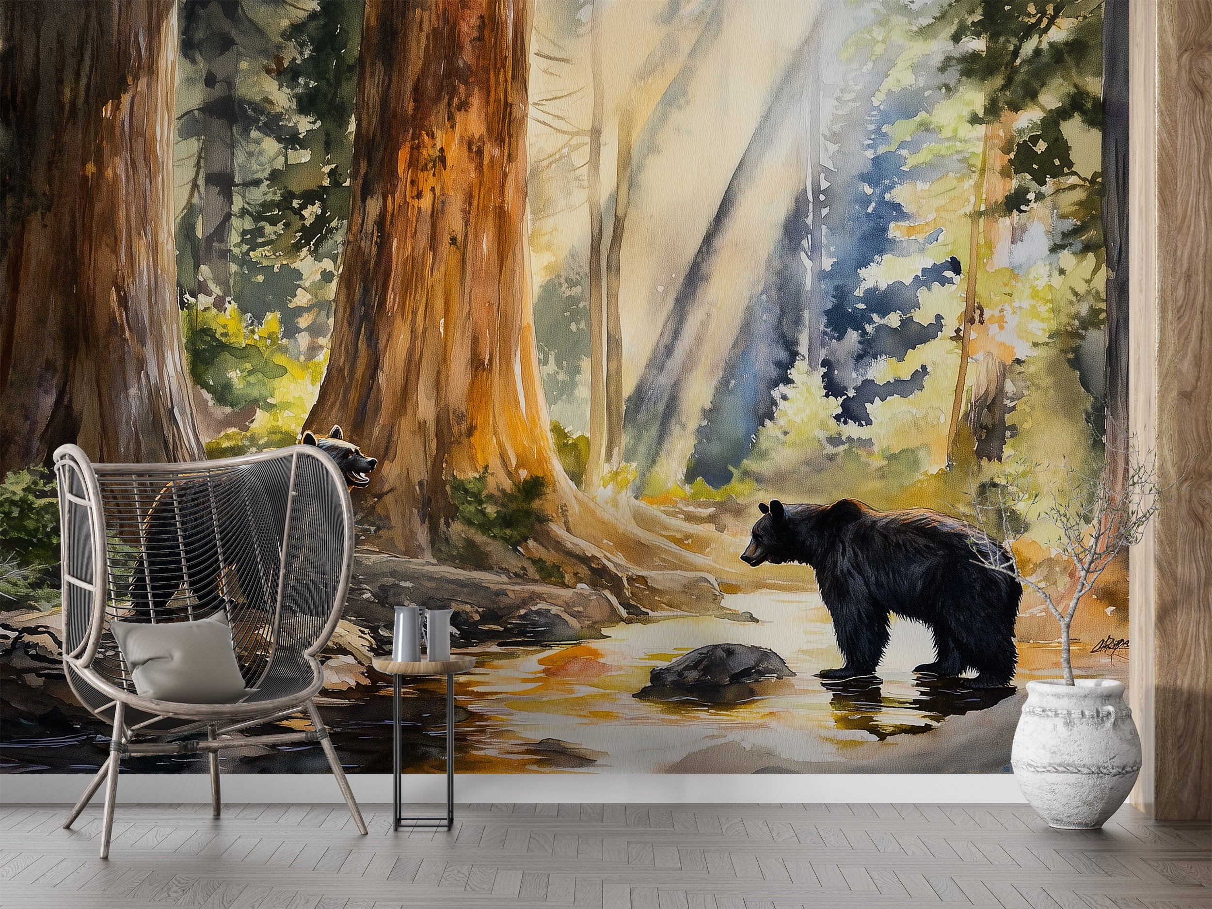 Black Bear and a Cub Mural, Peel and Stick Yosemite Park Wallpaper, Watercolor Woodland Life Mural, California Nature