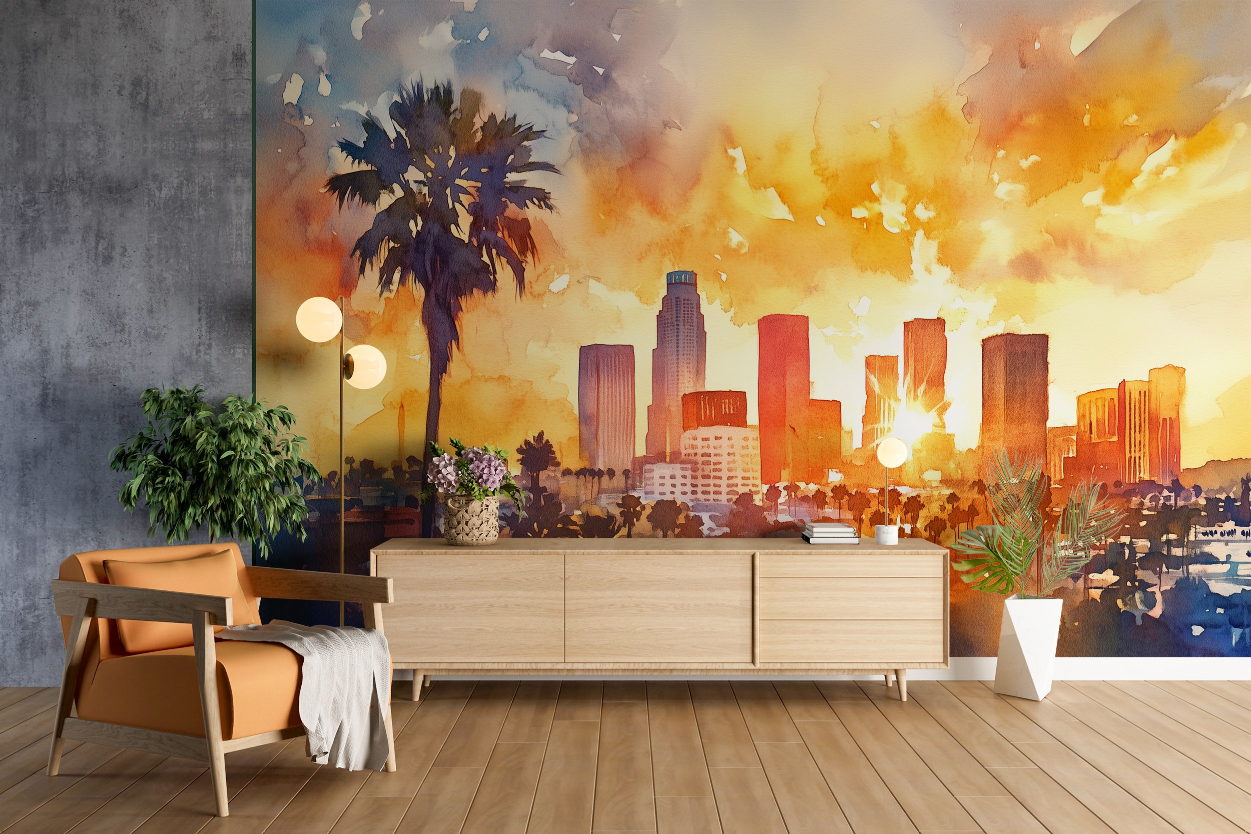 Los Angeles Sunset Mural, Peel and Stick Watercolor City Wallpaper, Los Angeles Downtown Art, California Iconic View Wall Decor
