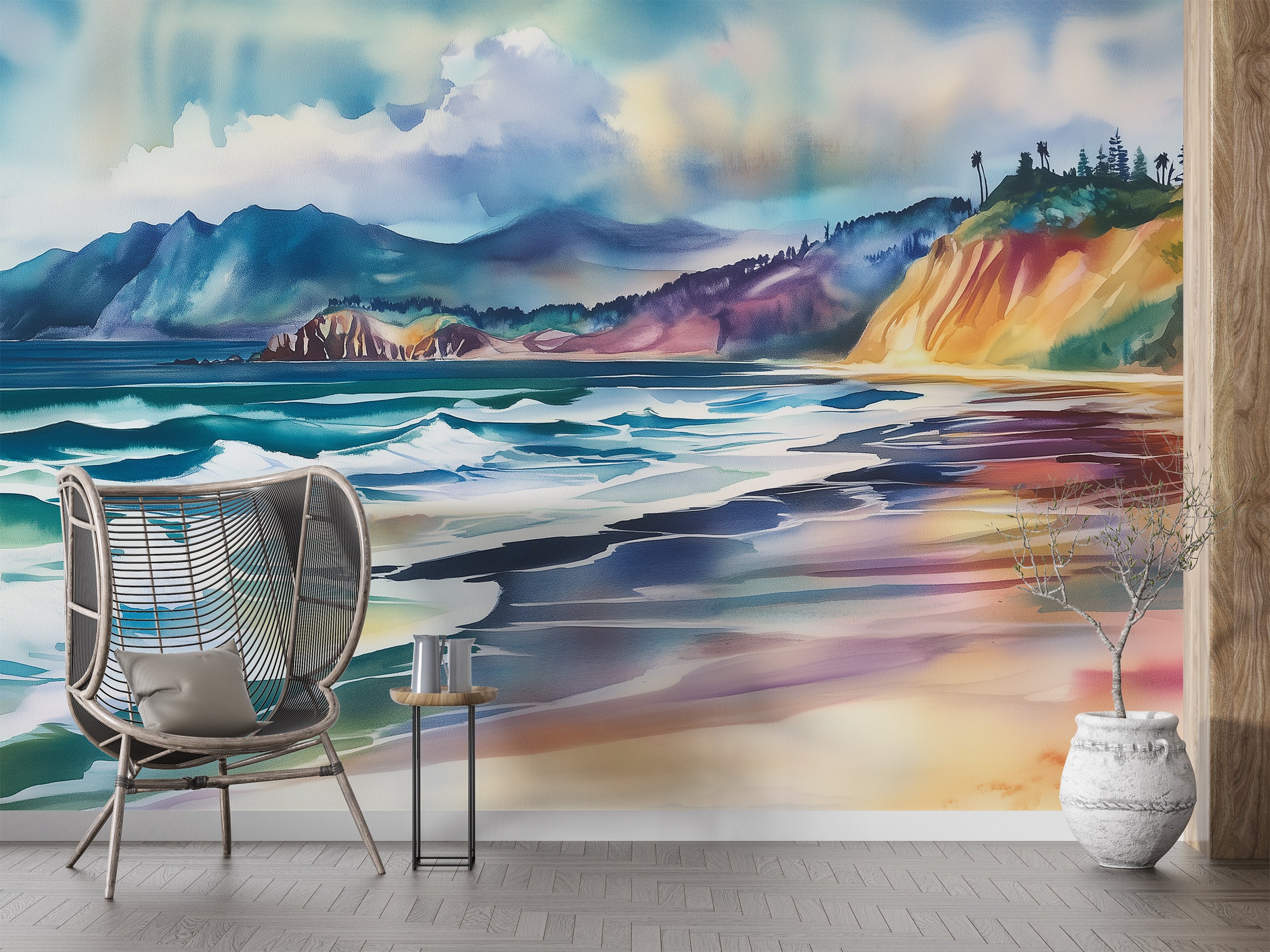 Colorful Beach Wallpaper, Peel and Stick California Coastal Mural, Removable Ocean Wall Art, Watercolor Beach and Mountains Decor