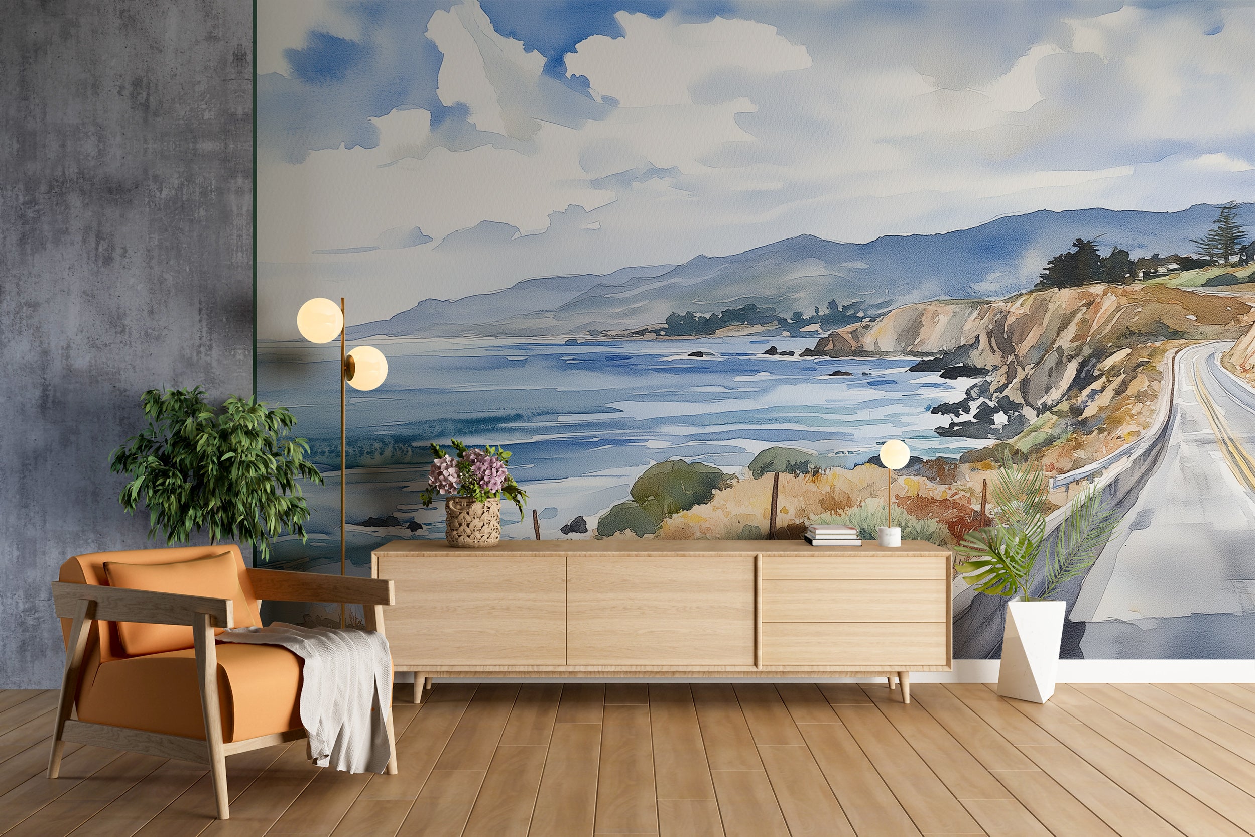 Watercolor Coastal Road Mural, Peel and Stick Breathtaking Ocean View Wallpaper, California Pacific Coast Highway Art